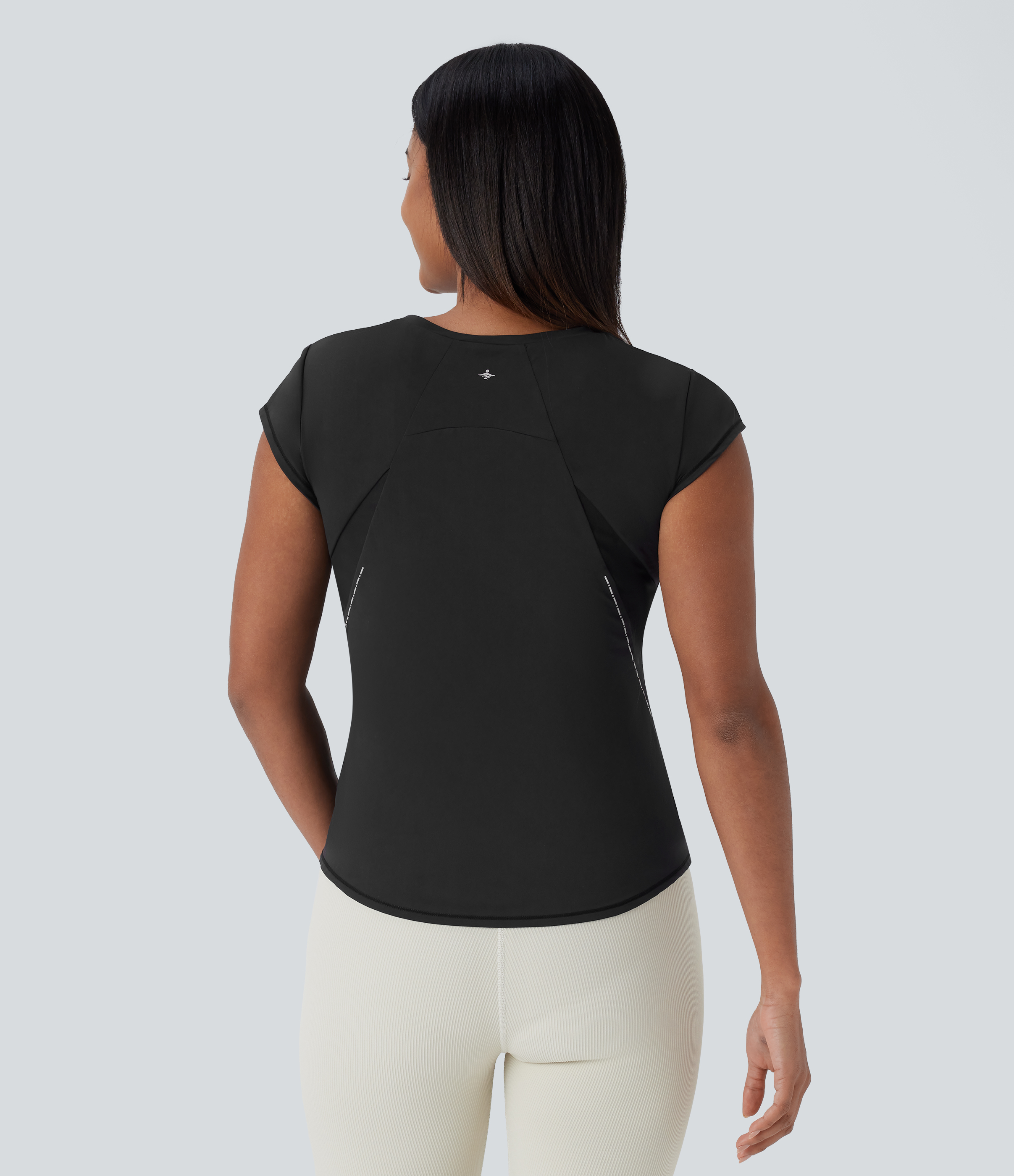 Halara Round Neck Short Sleeve Curved Hem Contrast Mesh Quick Dry Running Sports Top  - Black - S 