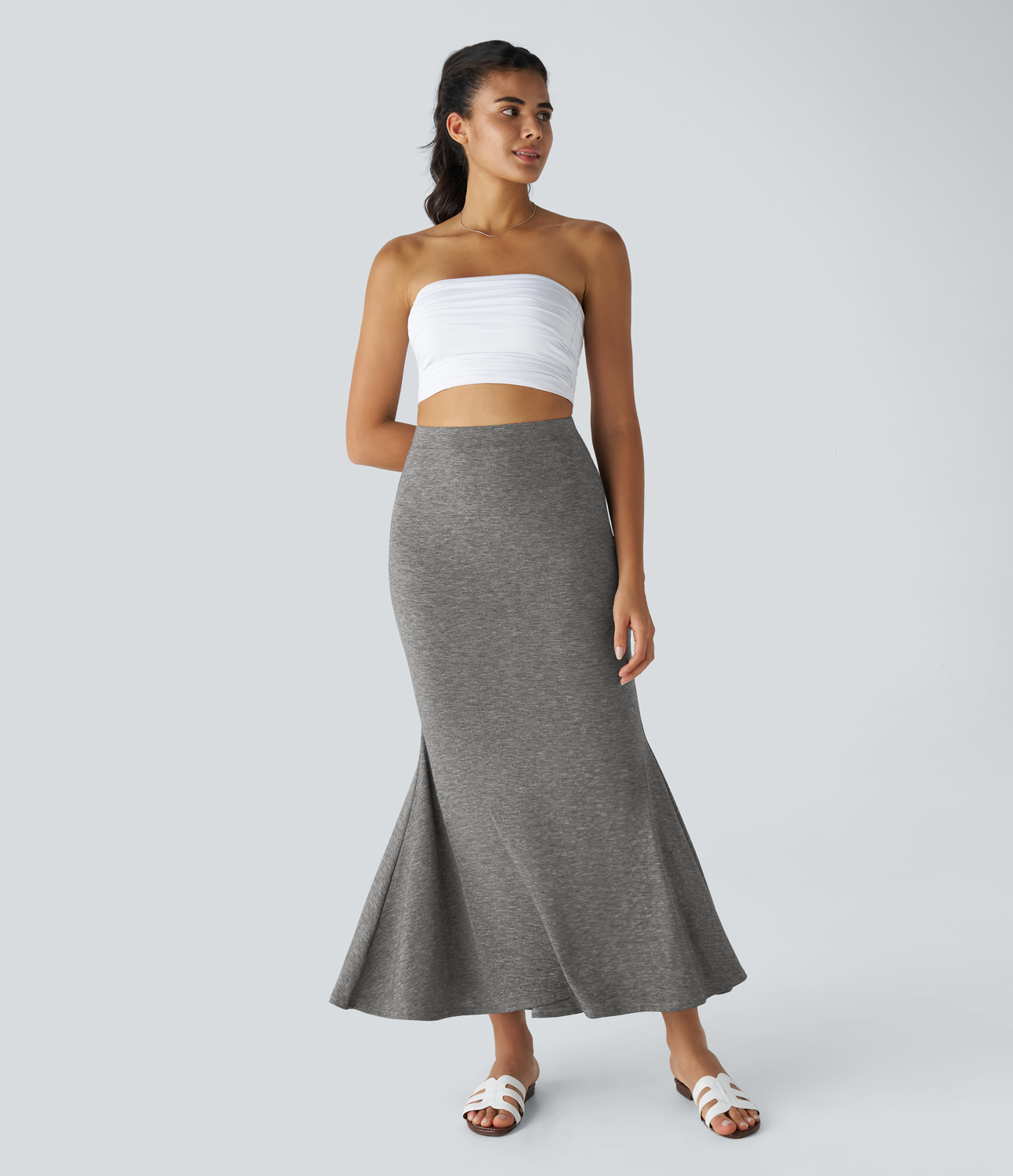 Halara High Waisted Ruched Bodycon Mermaid Maxi Resort Skirt  - Darl Gray Floral Yarn - XL(regular) 