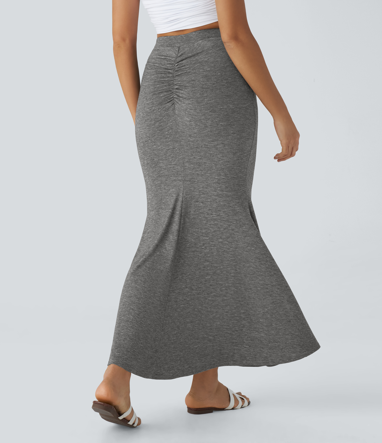 Halara High Waisted Ruched Bodycon Mermaid Maxi Resort Skirt  - Darl Gray Floral Yarn - XL(regular) 