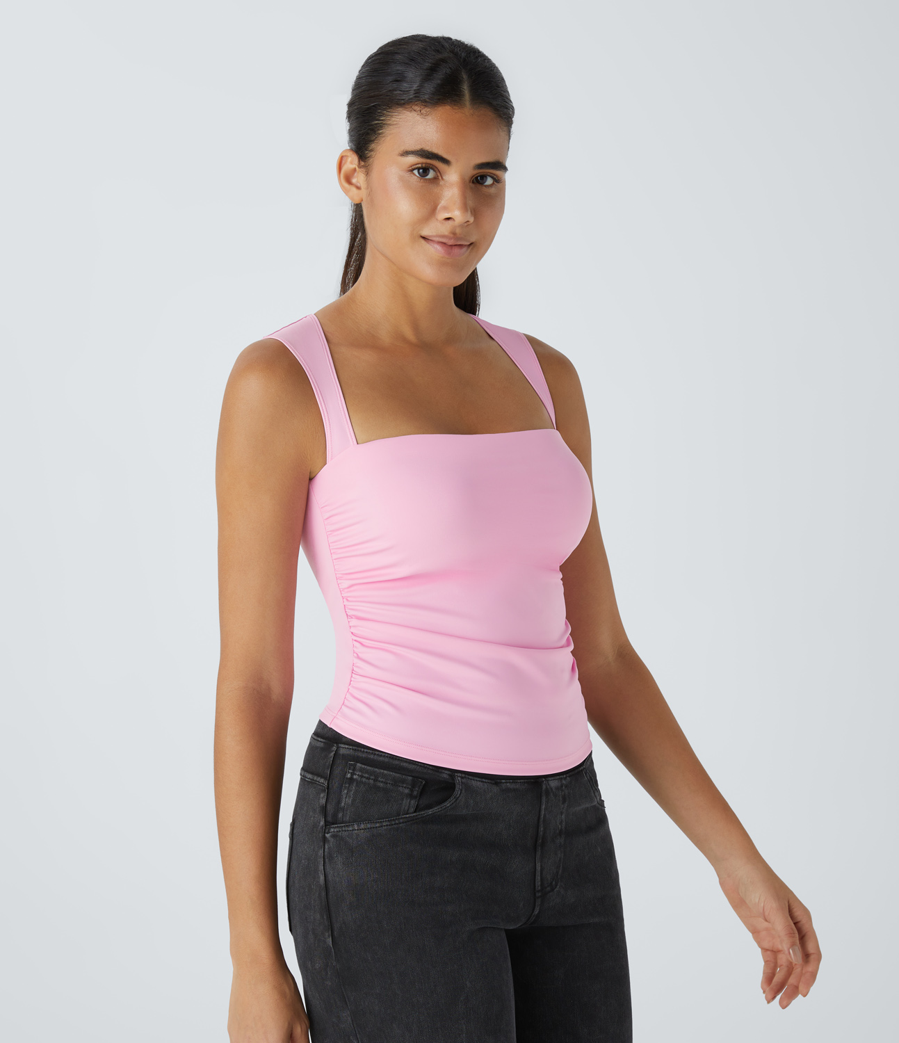 Halara Softlyzeroв„ў Airy Square Neck Backless Ruched Cool Touch Casual Tank Top-UPF50+ Tank Top - Nosegay - XS golf tops halter top tunic tops 