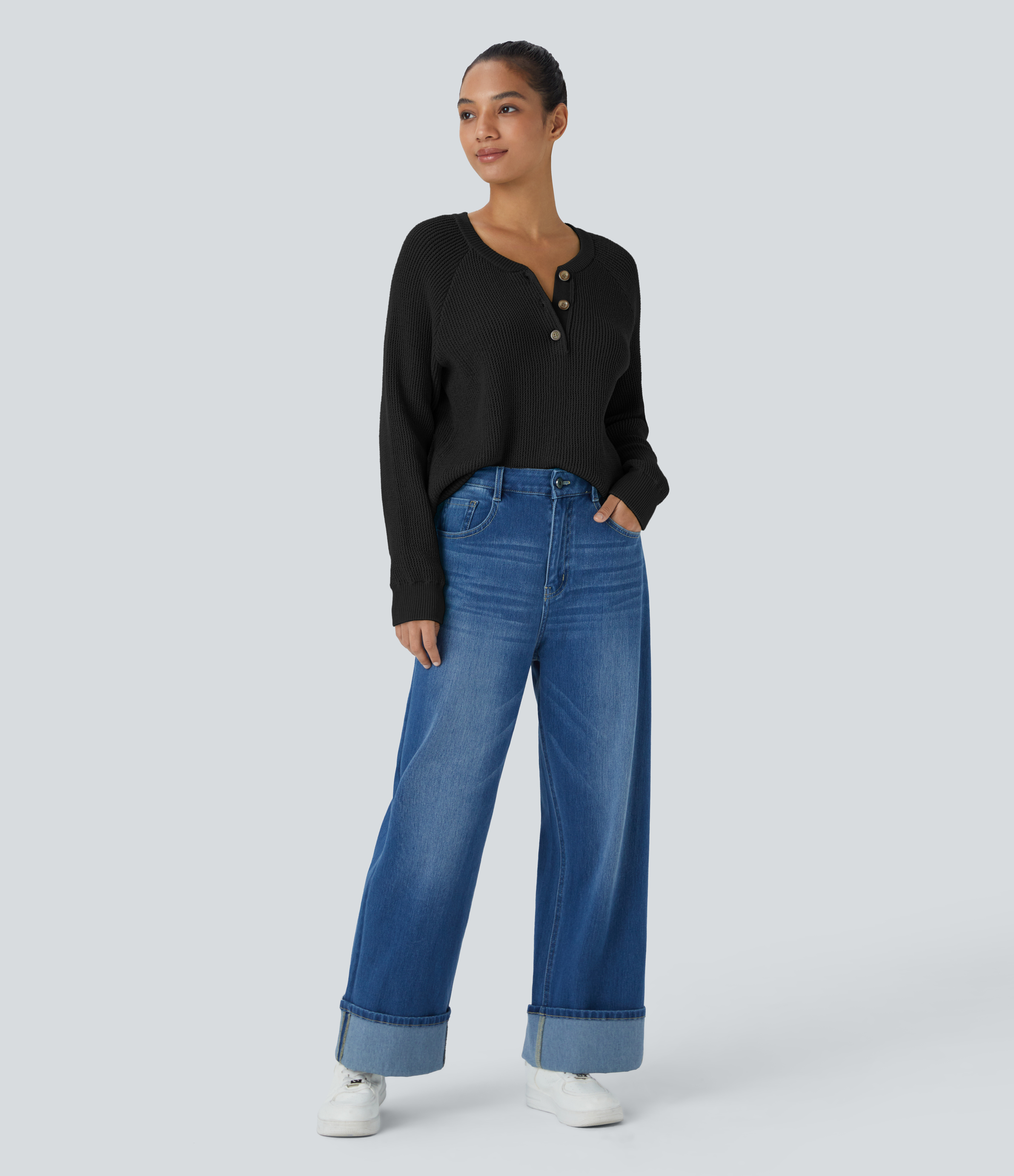 Halara Round Neck Button Front Long Sleeve Casual Sweater  - Black - M 