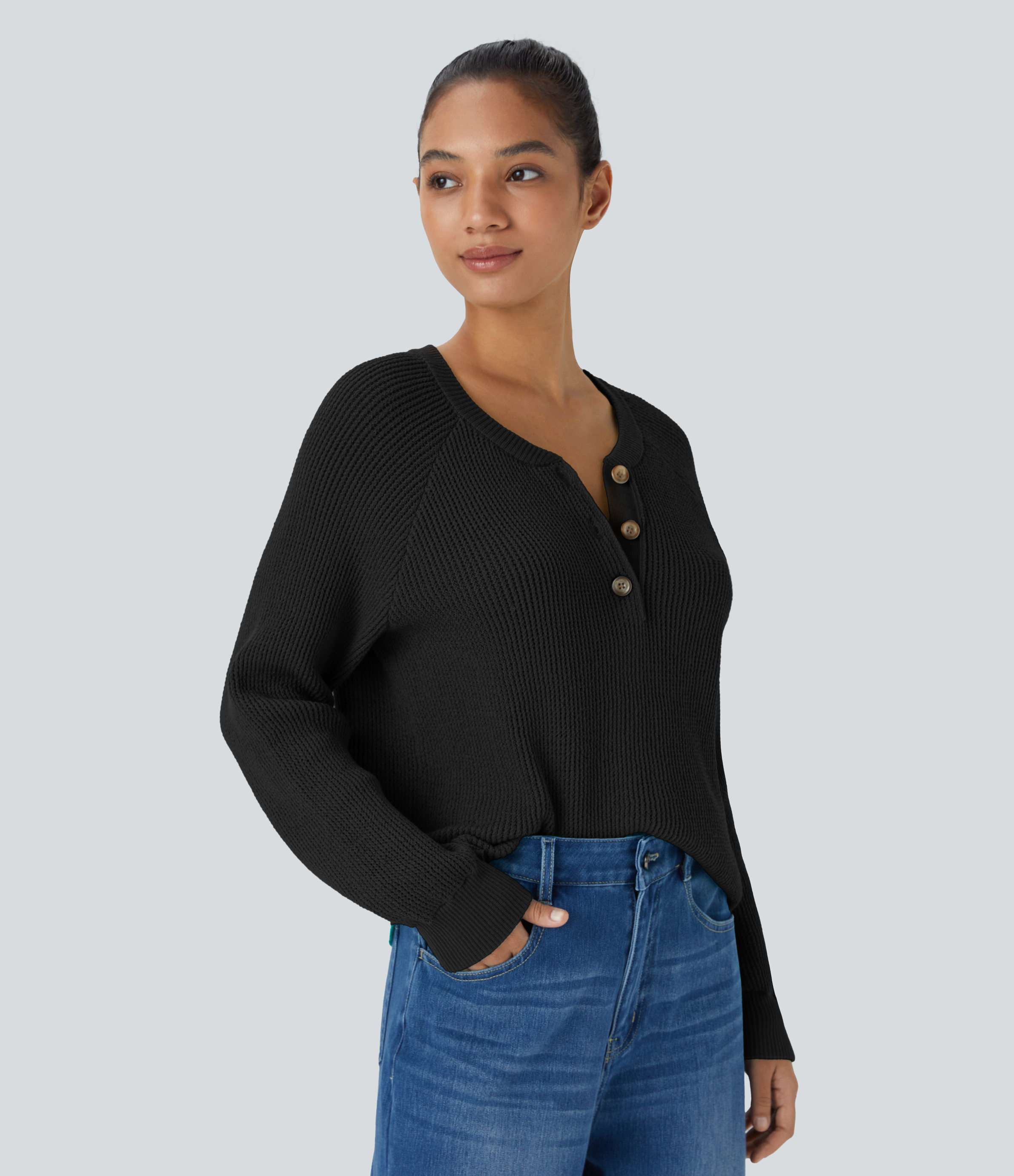 Halara Round Neck Button Front Long Sleeve Casual Sweater  - Black - M 