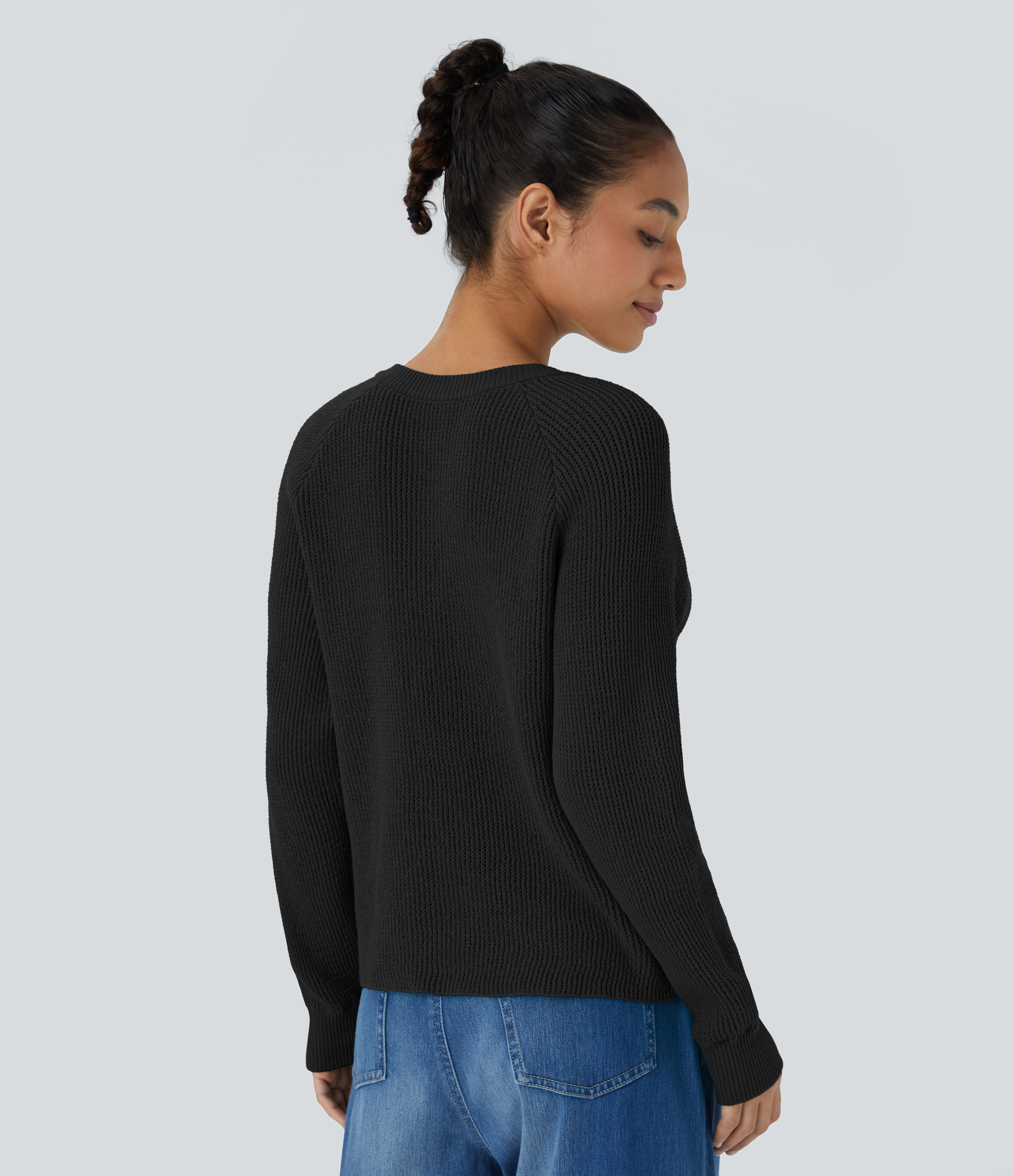 Halara Round Neck Button Front Long Sleeve Casual Sweater  - Black - M 