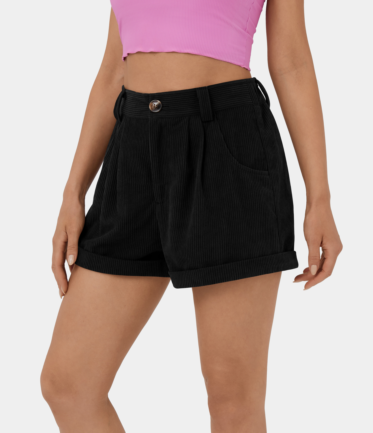 Halara Mid Rise Button Zipper Side Pocket Corduroy Casual Shorts 2'' - Black