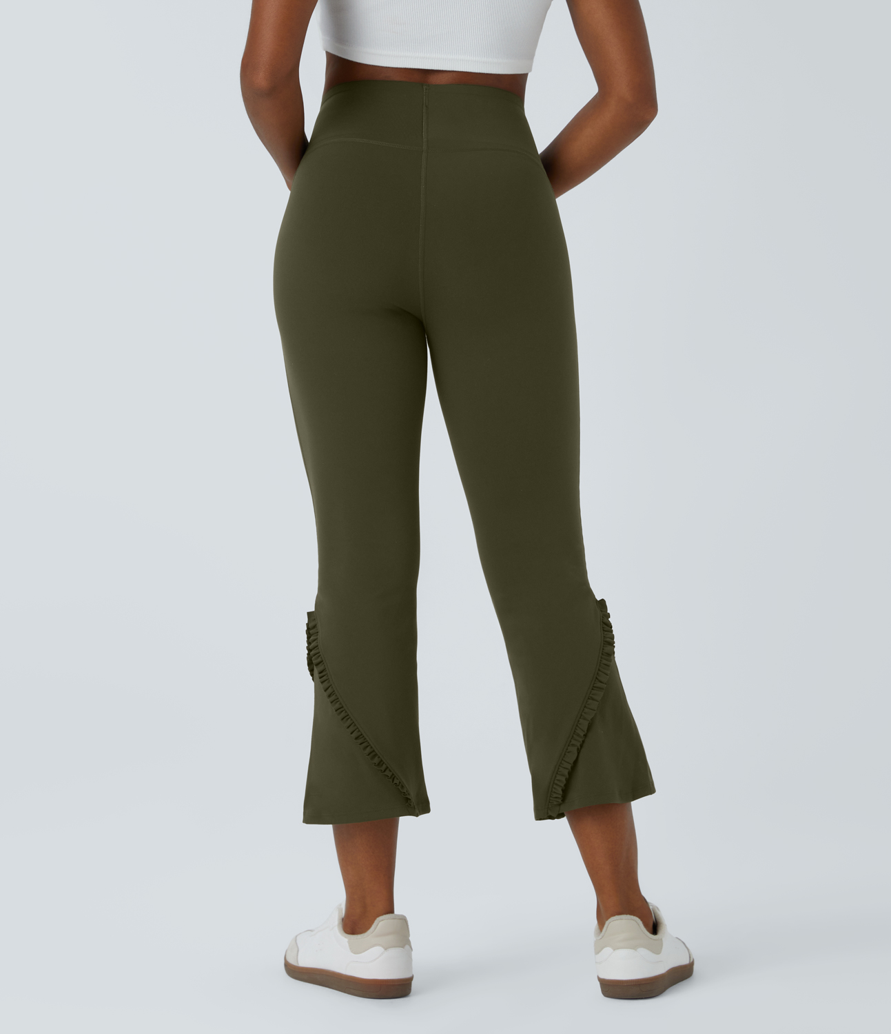 Halara High Waisted Tummy Control Frill Slight Flare Capri Casual Leggings  - Forest Night - S gym leggings leggings with pockets 