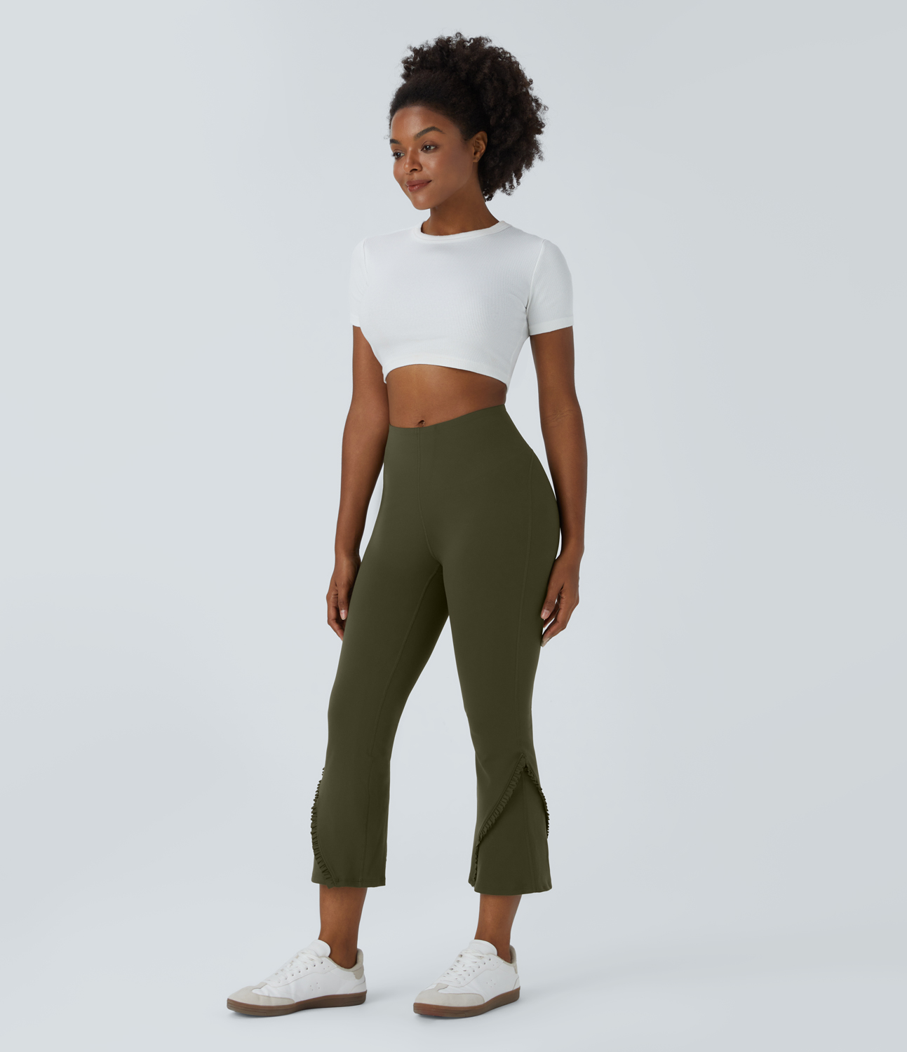 Halara High Waisted Tummy Control Frill Slight Flare Capri Casual Leggings  - Forest Night - S gym leggings leggings with pockets 