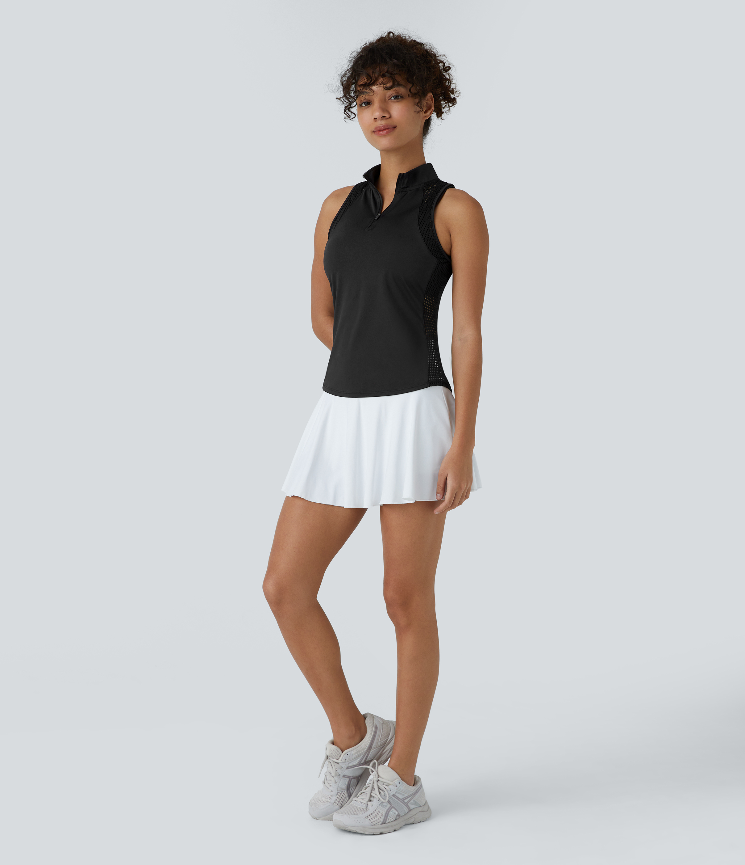 Halara Stand Collar Half Zip Contrast Mesh Quick Dry Tennis Tank Top Tank Top - Black - M golf tops halter top tunic tops sleeveless tops 