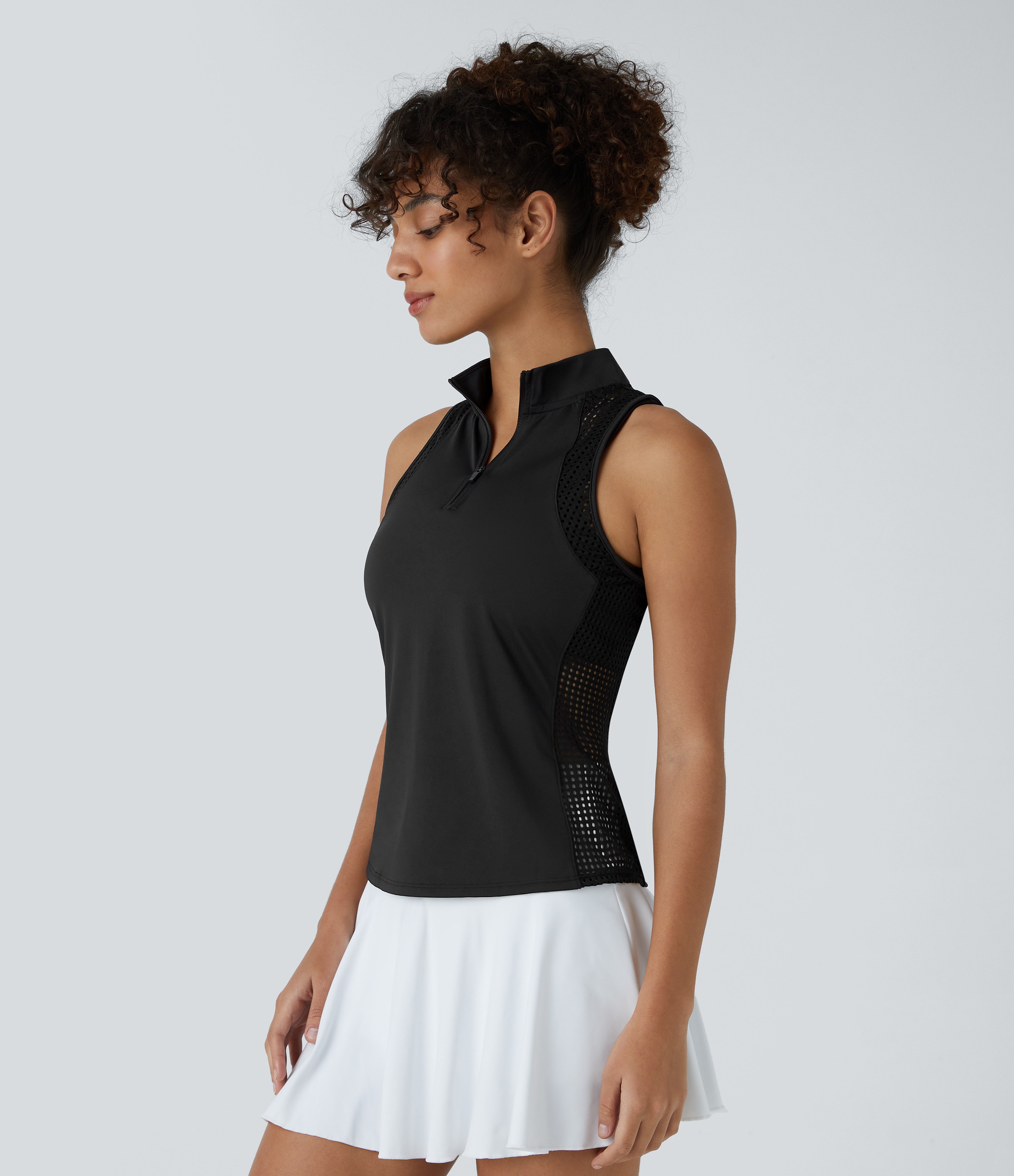 Halara Stand Collar Half Zip Contrast Mesh Quick Dry Tennis Tank Top Tank Top - Black - M golf tops halter top tunic tops sleeveless tops 