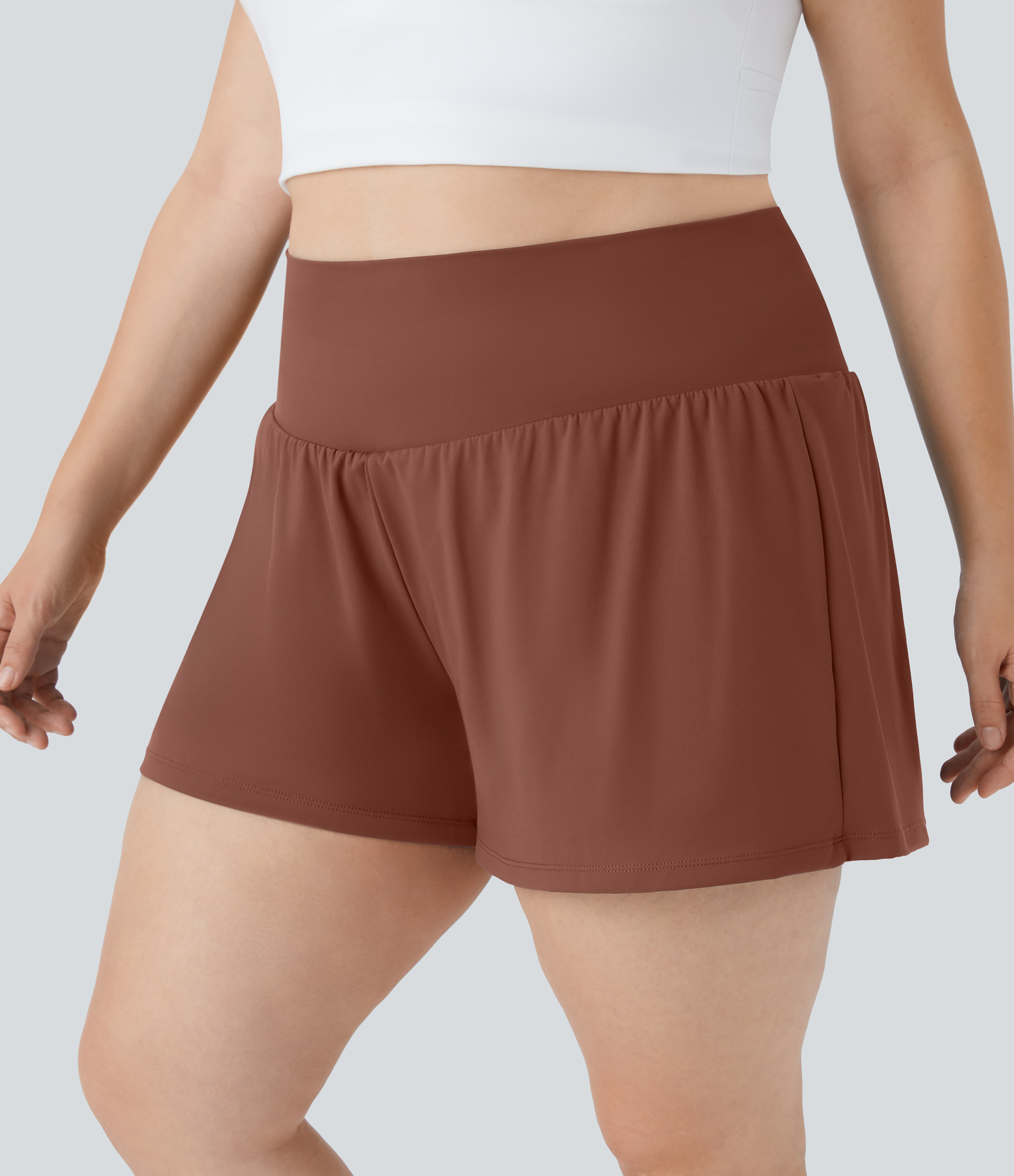 Halara Super High Waisted Back Pocket & Side Hidden Pocket 2-in-1 Yoga Plus Size Shorts 4``-Longer Length  - Sequoia - 1X(Long) 