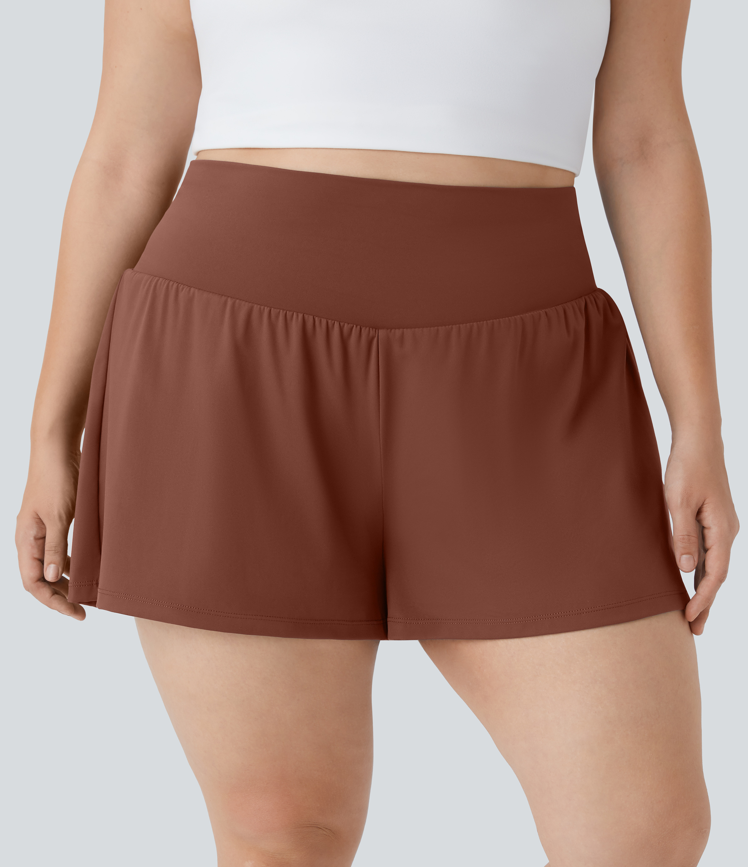 Halara Super High Waisted Back Pocket & Side Hidden Pocket 2-in-1 Yoga Plus Size Shorts 4``-Longer Length  - Sequoia - 1X(Long) 