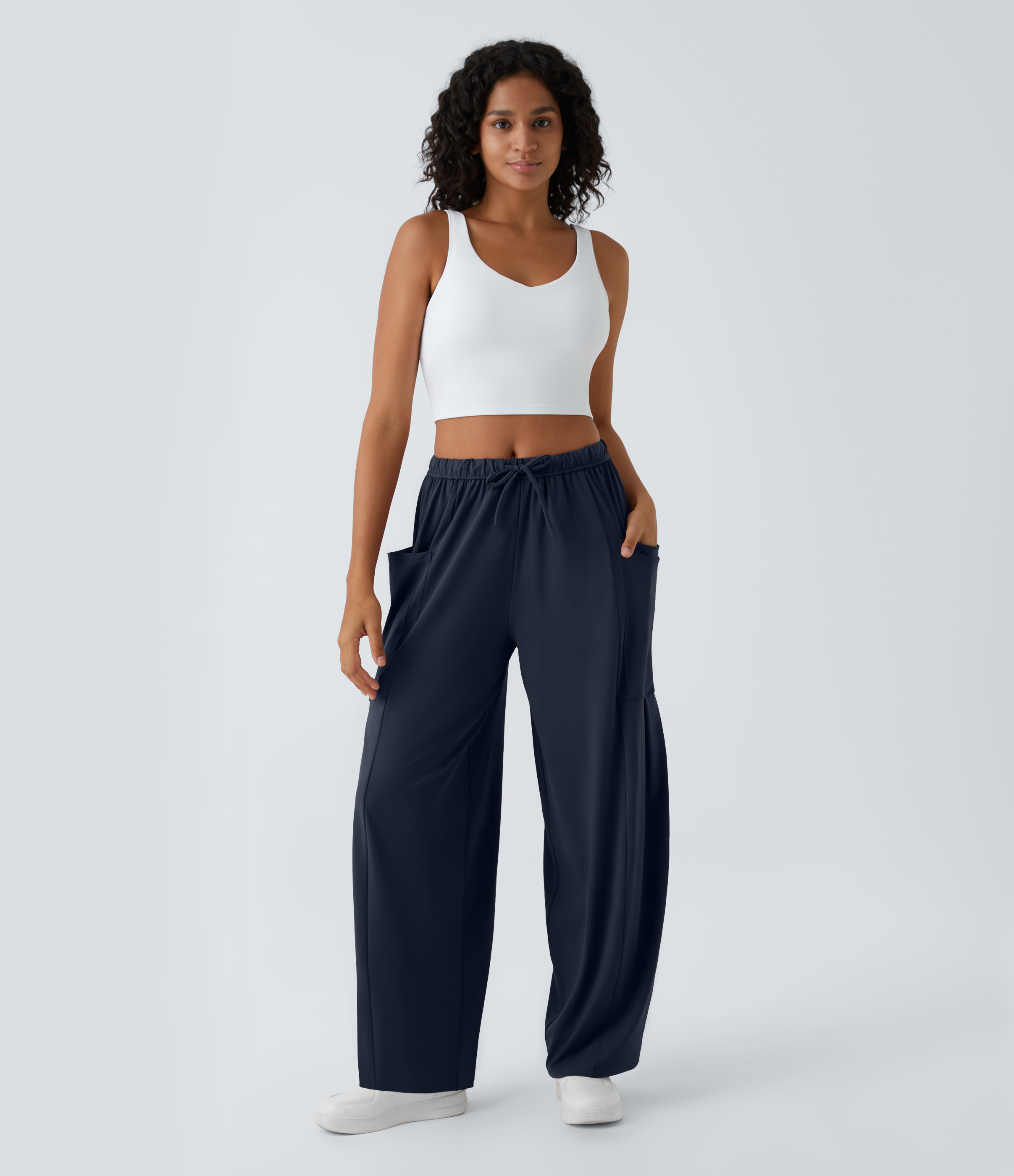 Halara Mid Rise Elastic Waistband Drawstring Side Pocket Palazzo Flowy Wide Leg Casual Pants  - Dark Sapphire - XL sweatpants jogger pants 