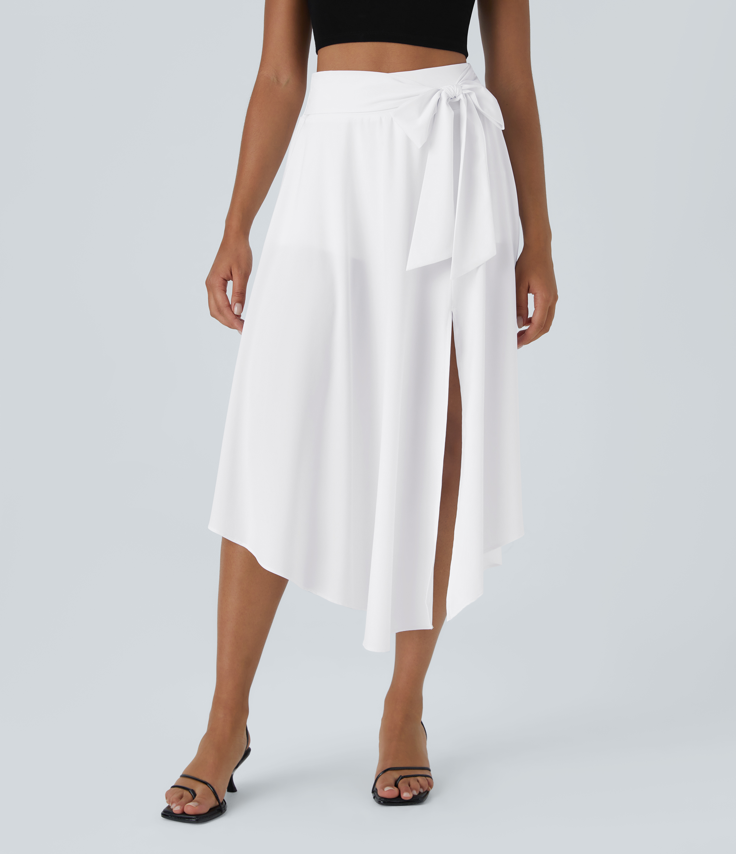 Halara Breezefulв„ў High Waisted Tie Side Split 2-in-1 Curved Hem Flowy Flare Quick Dry Midi Casual Skirt  - White - L(regular) 