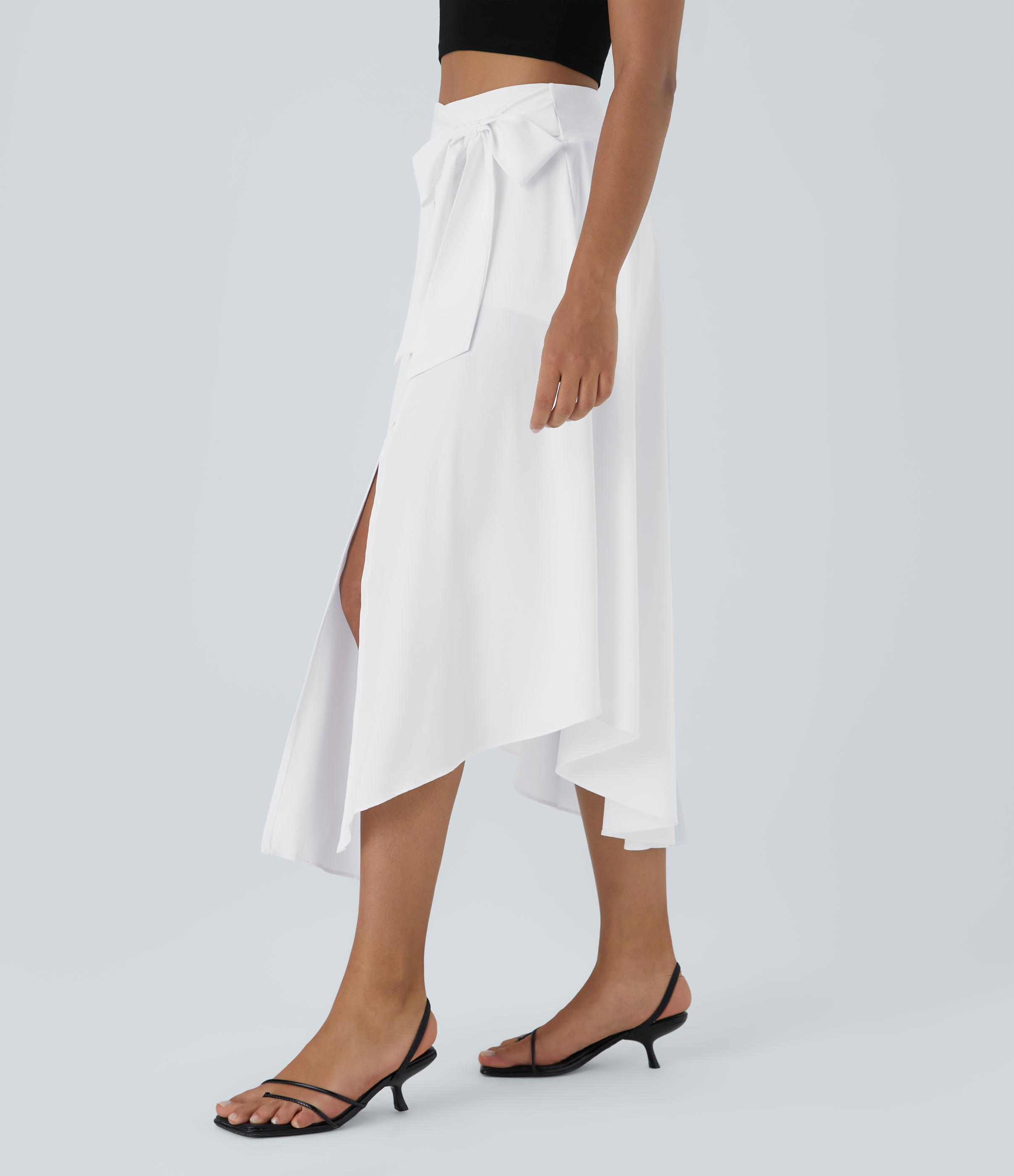 Halara Breezefulв„ў High Waisted Tie Side Split 2-in-1 Curved Hem Flowy Flare Quick Dry Midi Casual Skirt  - White - L(regular) 