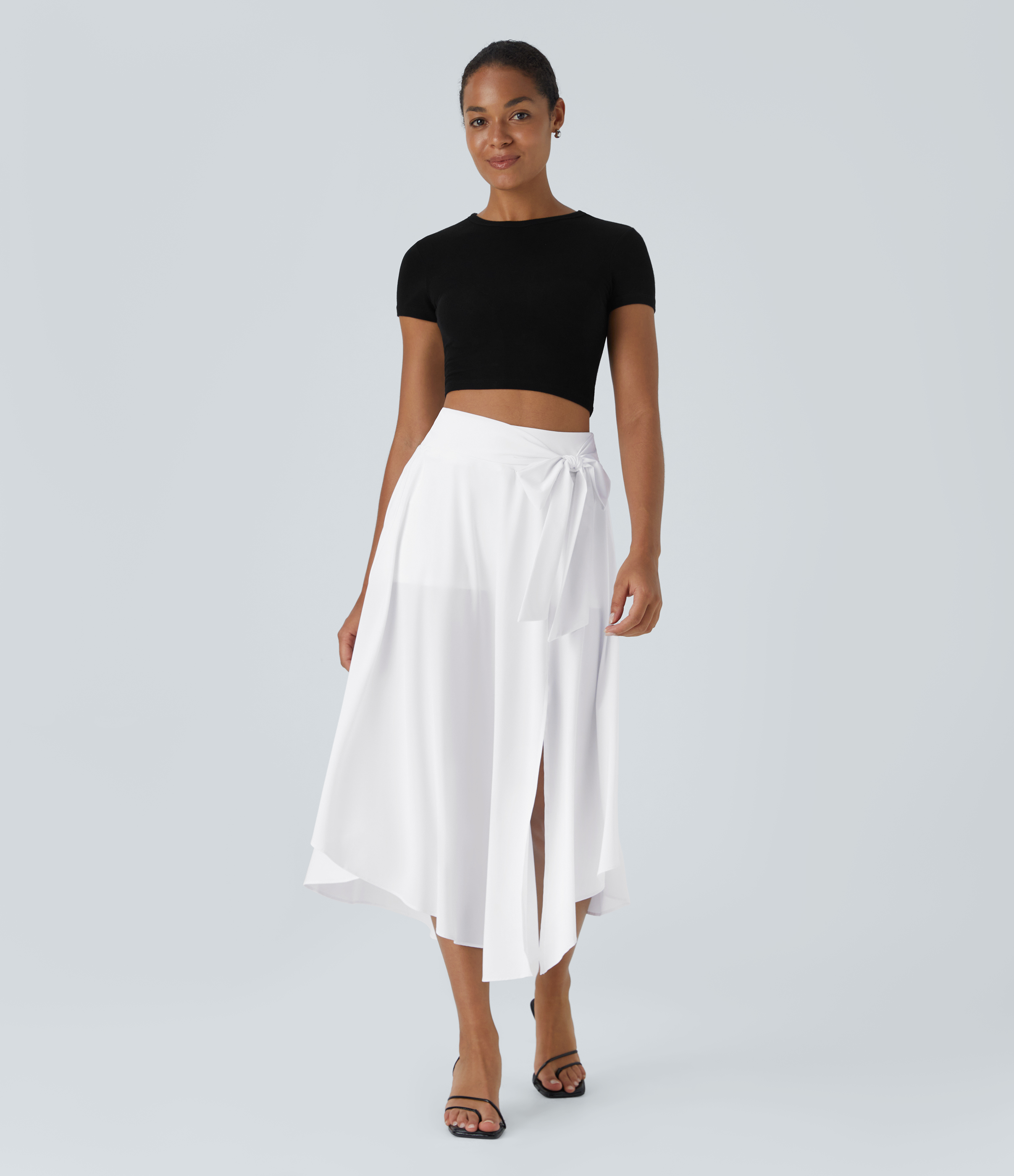 Halara Breezefulв„ў High Waisted Tie Side Split 2-in-1 Curved Hem Flowy Flare Quick Dry Midi Casual Skirt  - White - L(regular) 