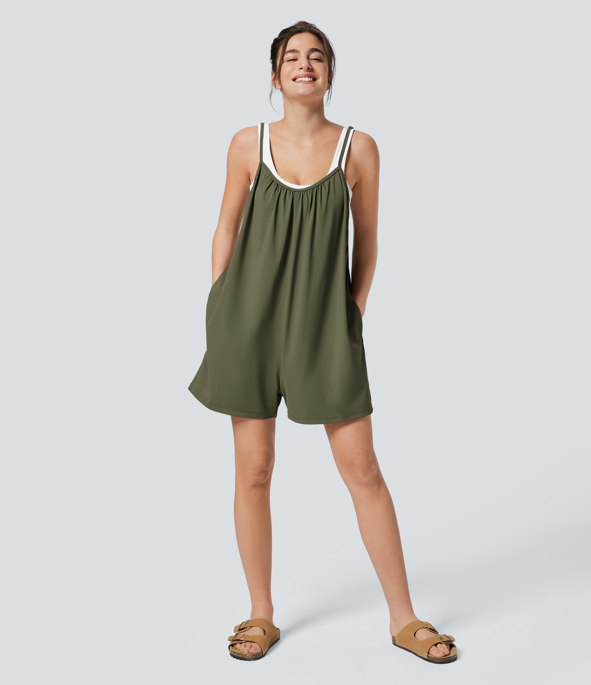 Spaghetti Pocket Solid Wide Leg Casual Jumpsuit