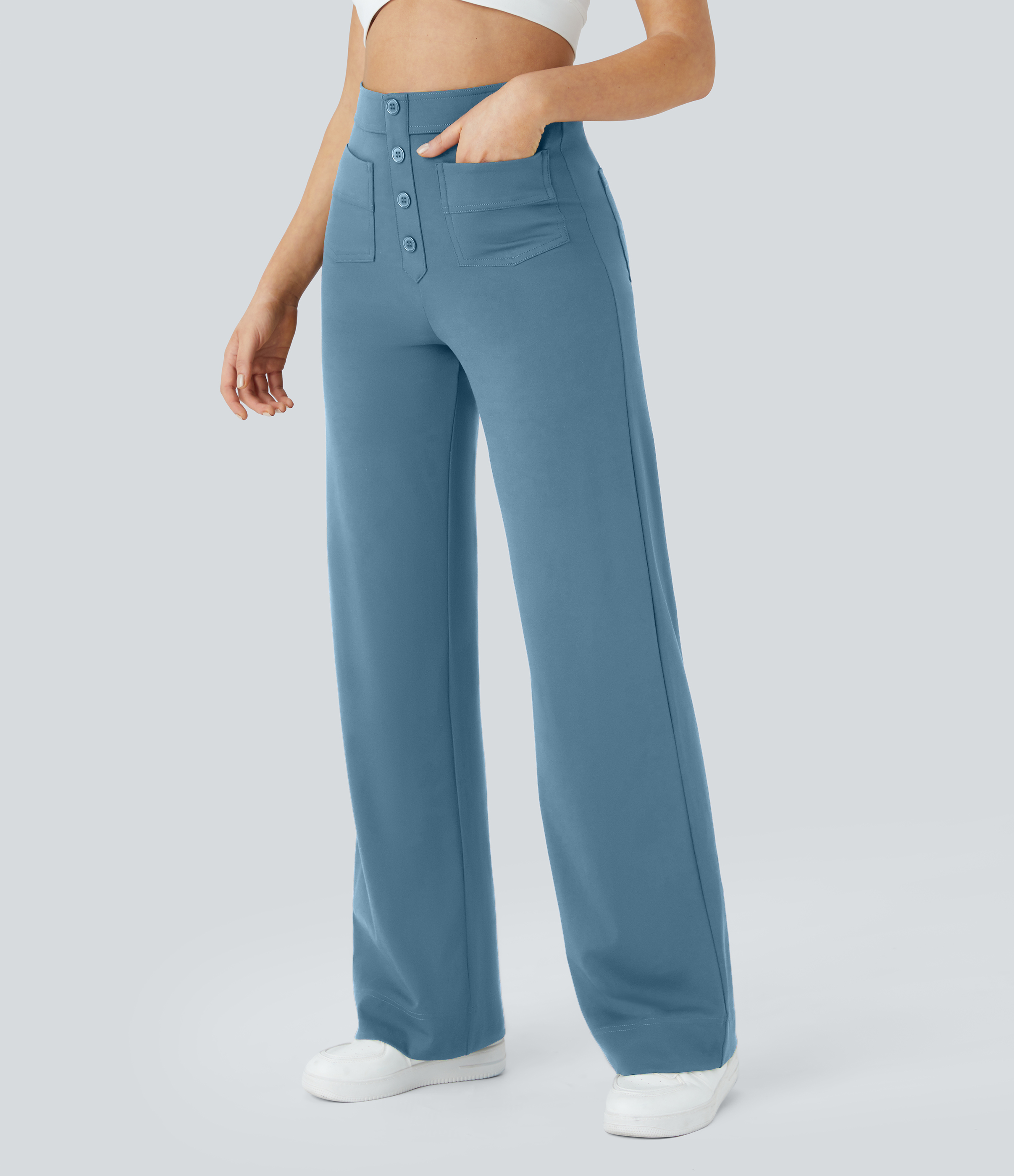 Halara High Waisted Button Multiple Pockets Straight Leg Casual Pants  - Warm Mid Blue - S(regular) sweatpants jogger pants 