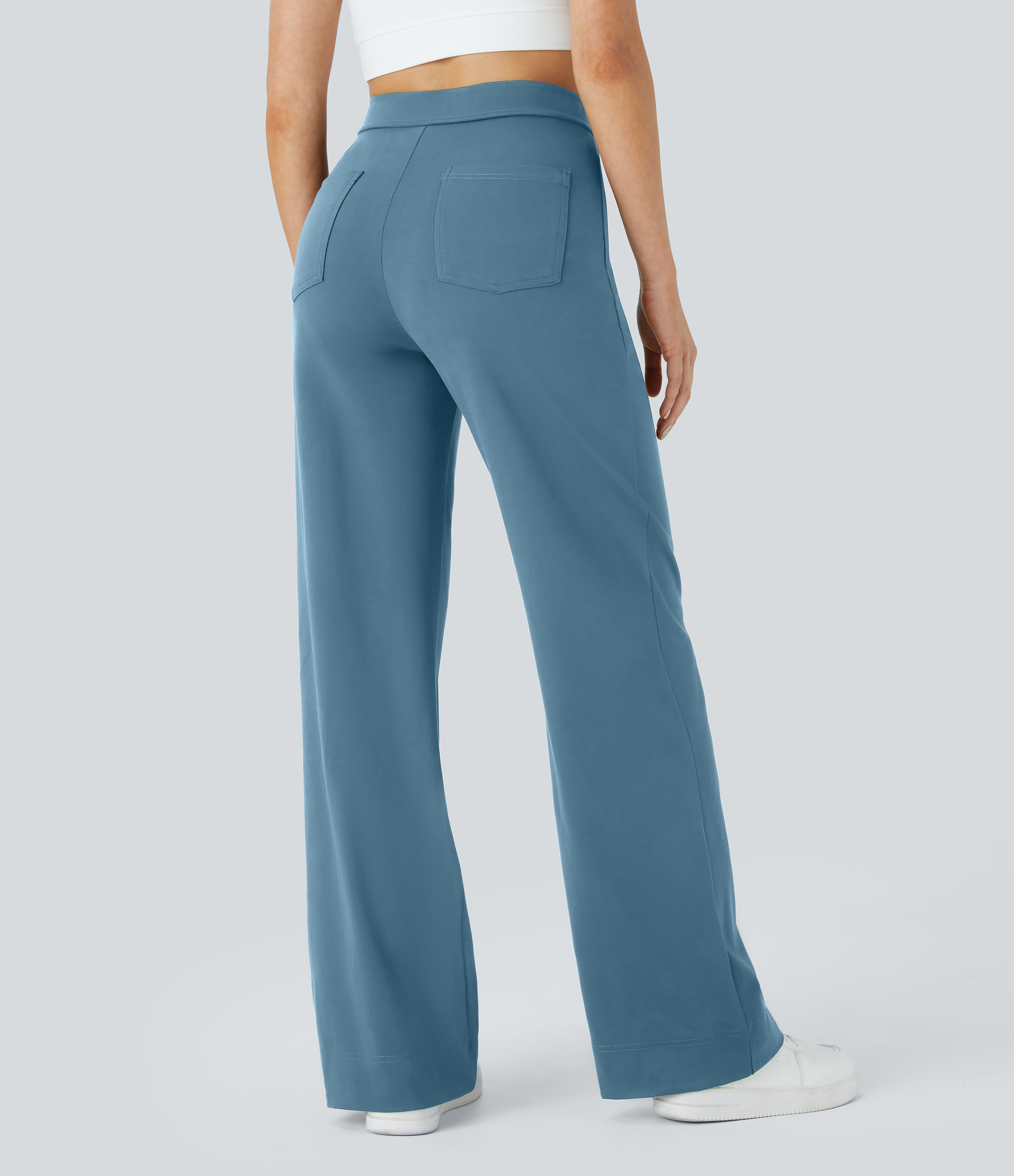 Halara High Waisted Button Multiple Pockets Straight Leg Casual Pants  - Warm Mid Blue - S(regular) sweatpants jogger pants 