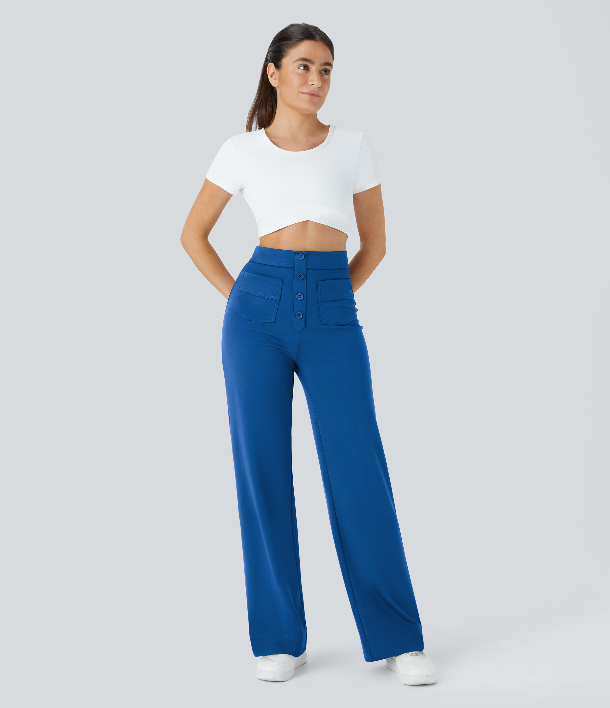 Halara High Waisted Button Multiple Pockets Straight Leg Casual Pants  - Victoria Blue - L(regular) sweatpants jogger pants 