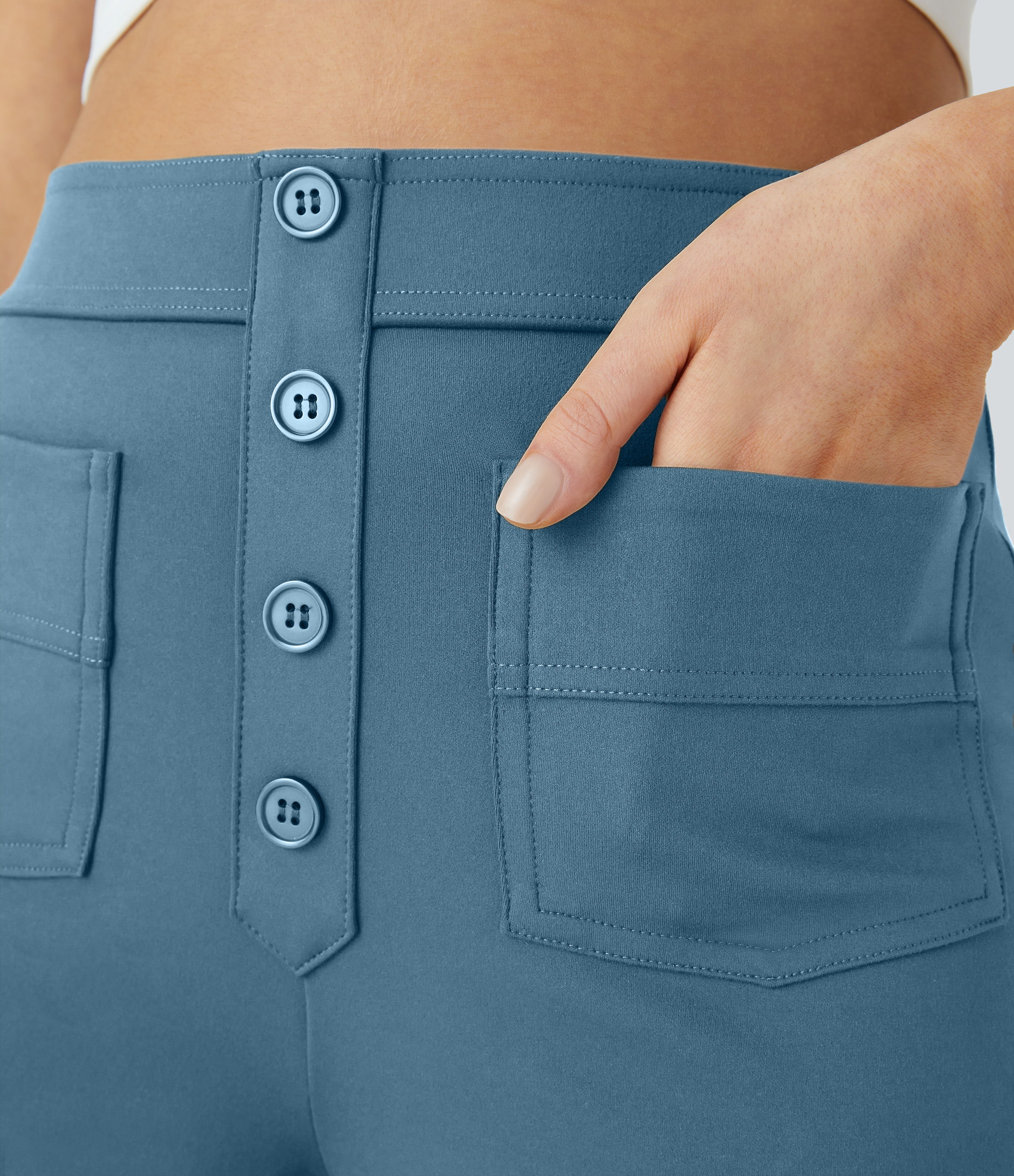 Halara High Waisted Button Multiple Pockets Straight Leg Casual Pants  - Warm Mid Blue - S(regular) sweatpants jogger pants 