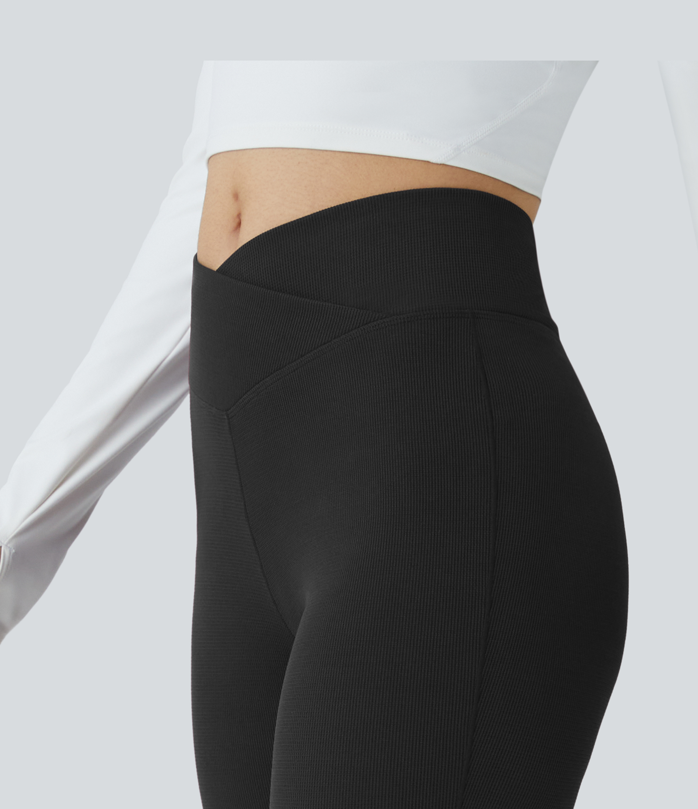 Halara Crossover High Waisted Back Pocket Waffle Casual Flare Pants  - Black - XL(regular) sweatpants jogger pants stacked sweatpants 