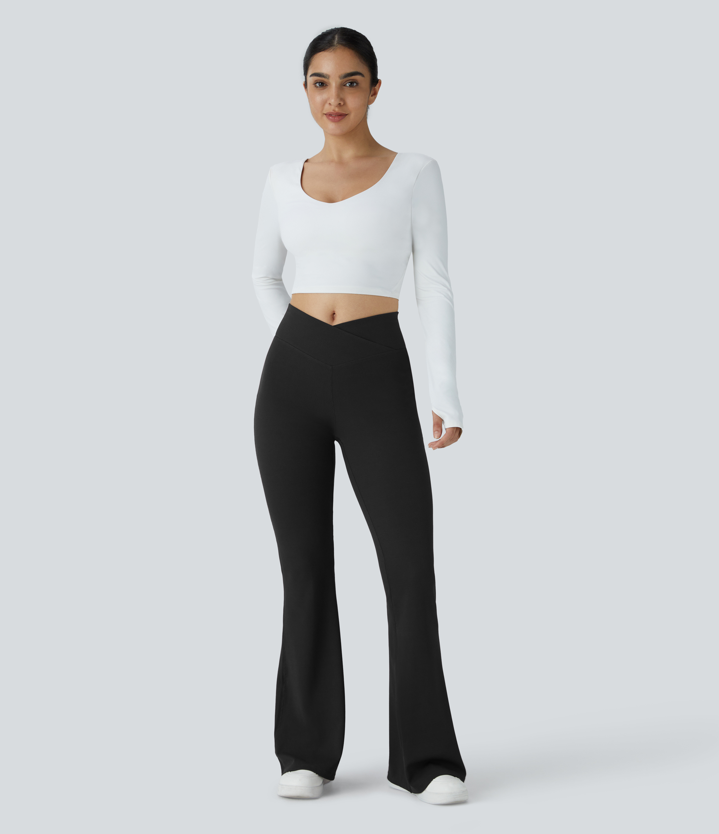 Halara Crossover High Waisted Back Pocket Waffle Casual Flare Pants  - Black - XL(regular) sweatpants jogger pants stacked sweatpants 