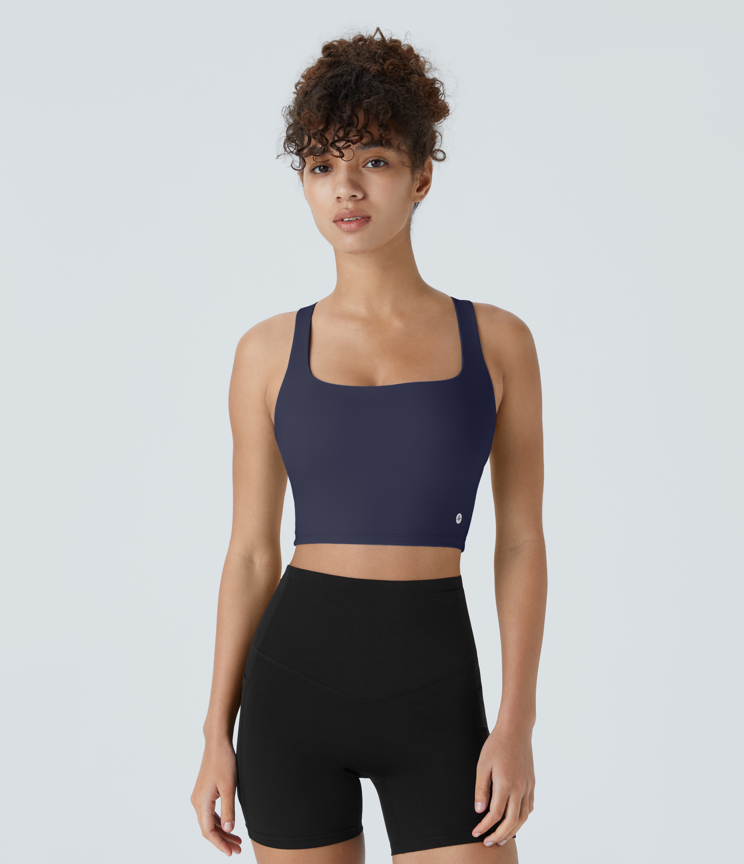 Halara Cloudfulв„ў Air Fabric Square Neck Backless Crisscross Cropped Cool Touch Yoga Tank Top Tank Top - Peacoat - S golf tops halter top 