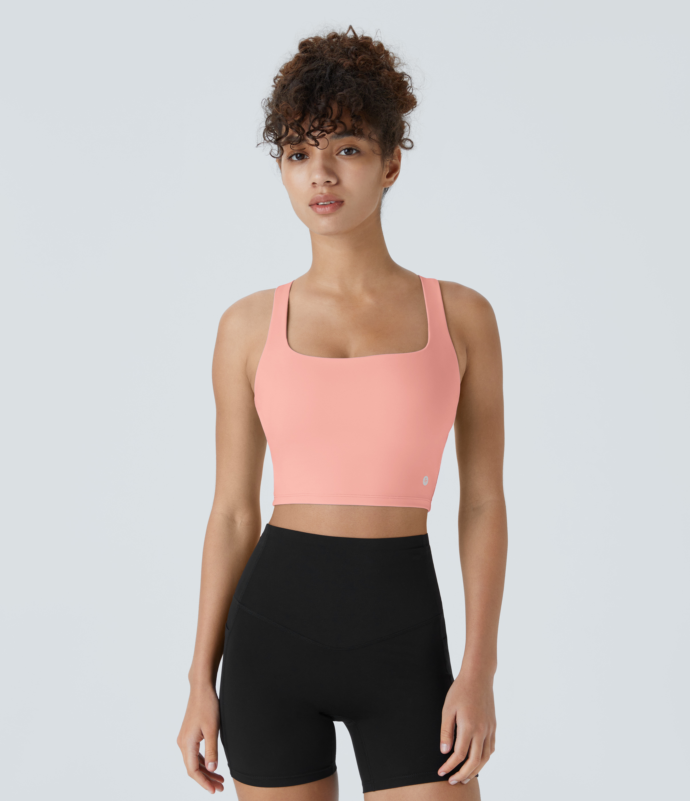 Halara Cloudfulв„ў Air Fabric Square Neck Backless Crisscross Cropped Cool Touch Yoga Tank Top Tank Top - Peach Melba - S golf tops halter top 