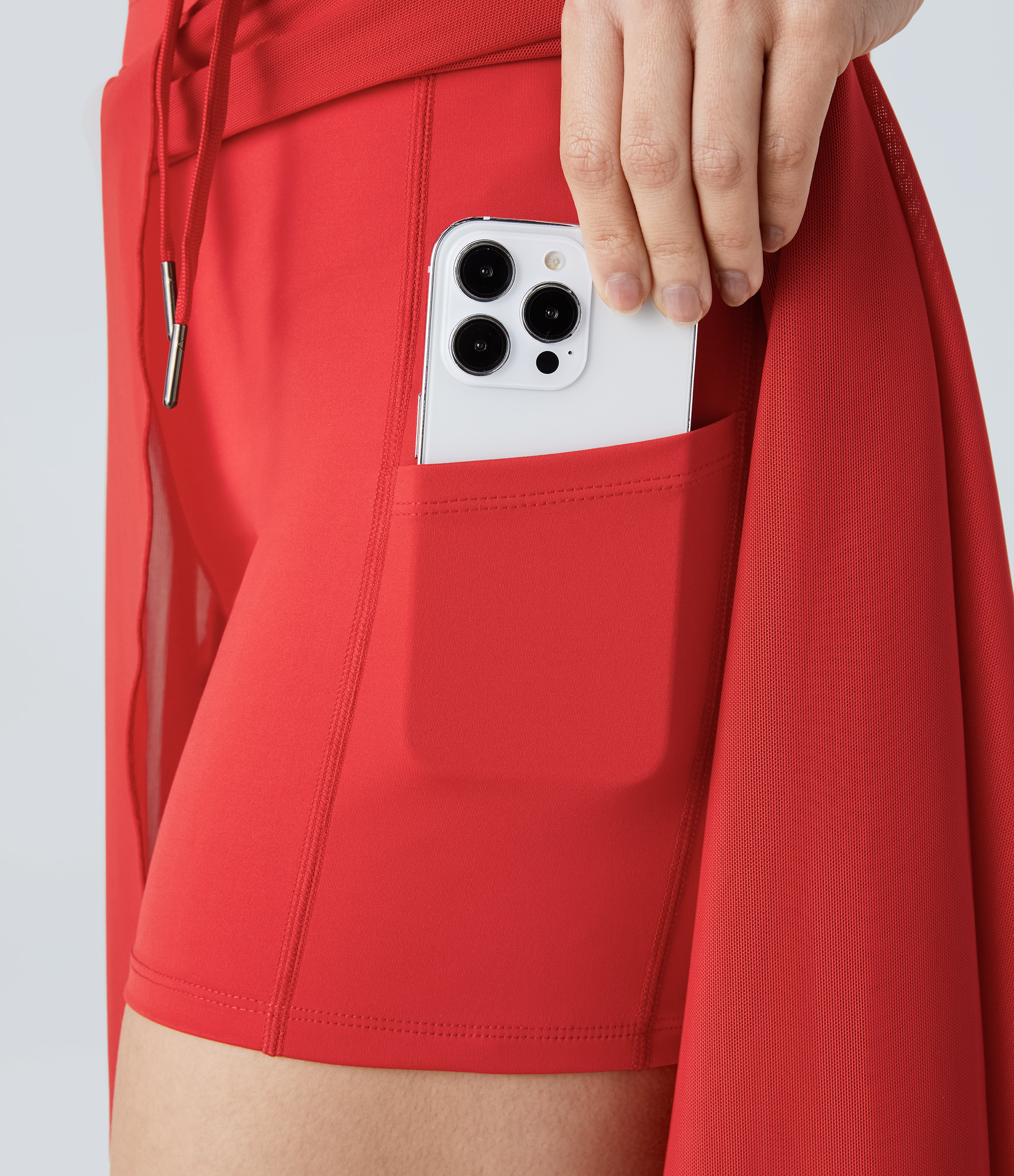 Halara High Waisted Drawstring Contrast Mesh 2-in-1 Side Pocket Flowy Midi Flare Casual Skirt  - Red Alert - XL midi skirt a line skirt 