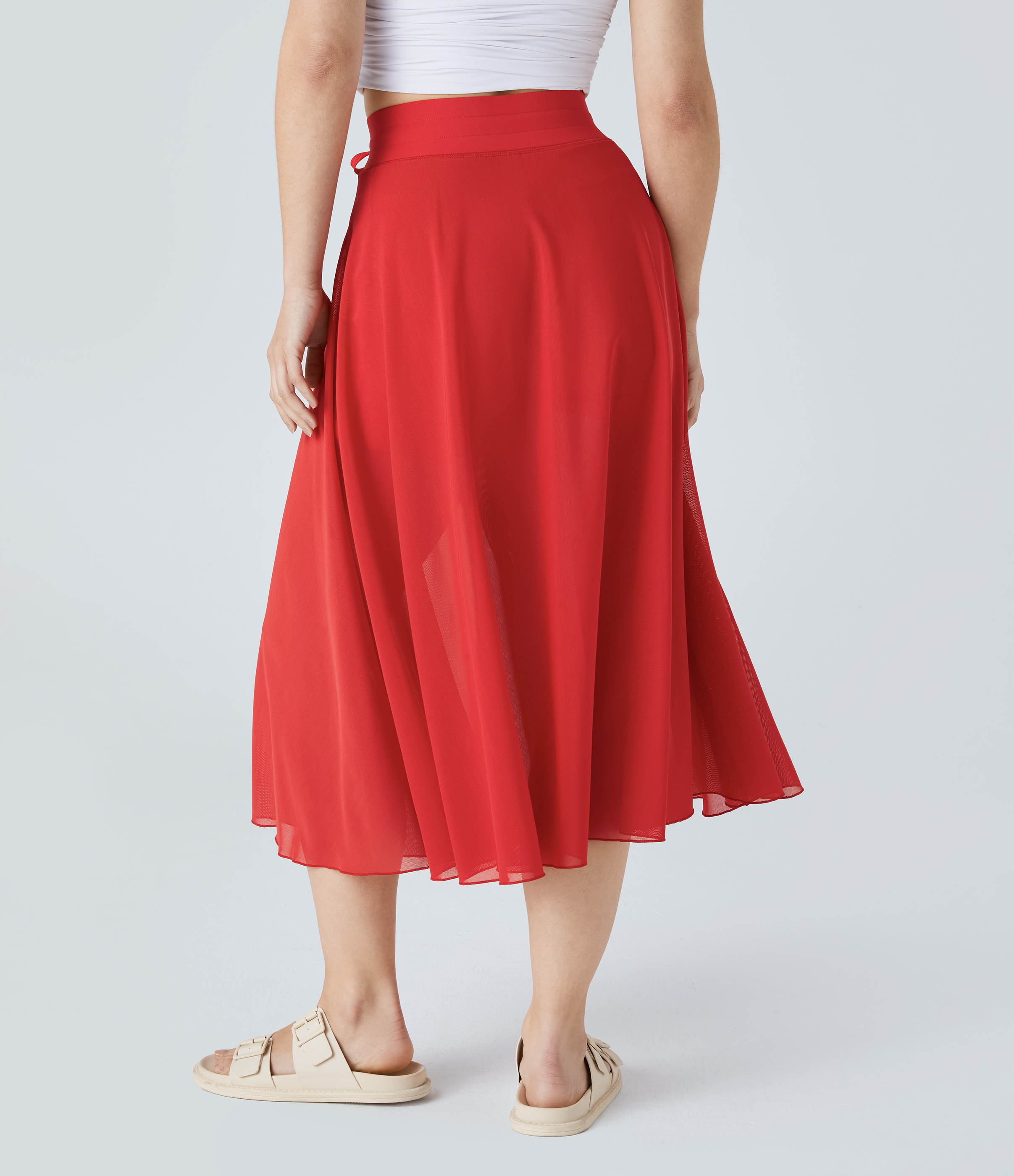 Halara High Waisted Drawstring Contrast Mesh 2-in-1 Side Pocket Flowy Midi Flare Casual Skirt  - Red Alert - XL midi skirt a line skirt 