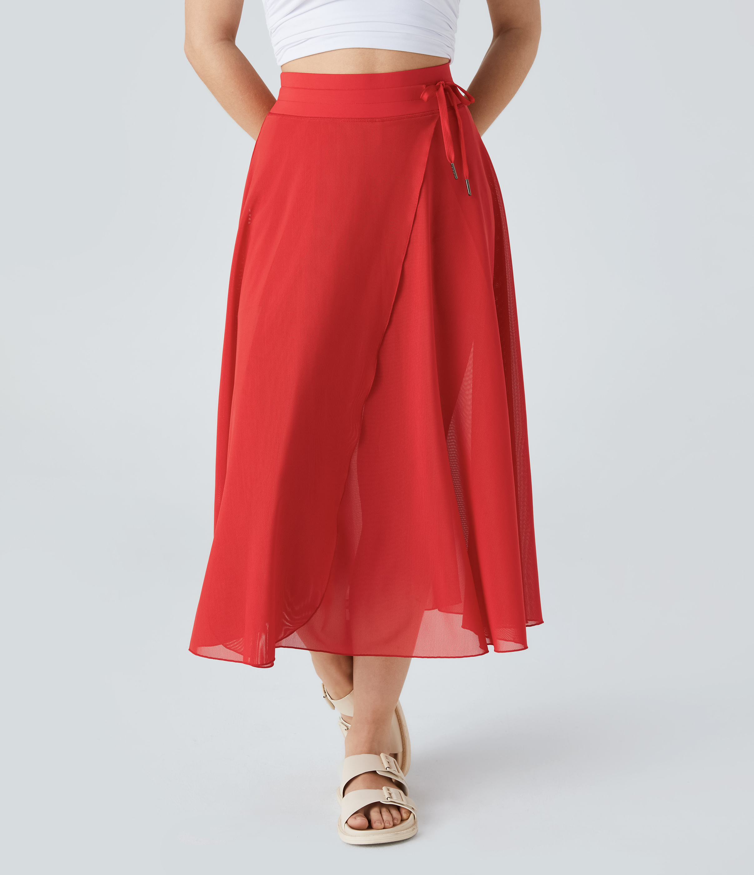 Halara High Waisted Drawstring Contrast Mesh 2-in-1 Side Pocket Flowy Midi Flare Casual Skirt  - Red Alert - XL midi skirt a line skirt 