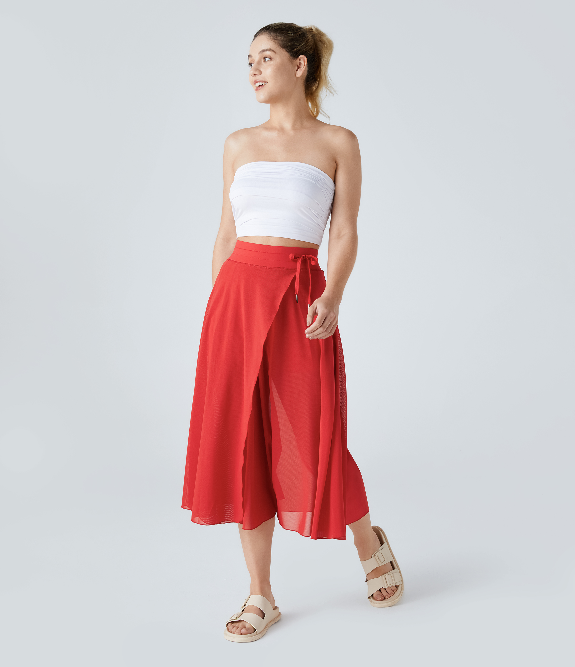 Halara High Waisted Drawstring Contrast Mesh 2-in-1 Side Pocket Flowy Midi Flare Casual Skirt  - Red Alert - XL midi skirt a line skirt 
