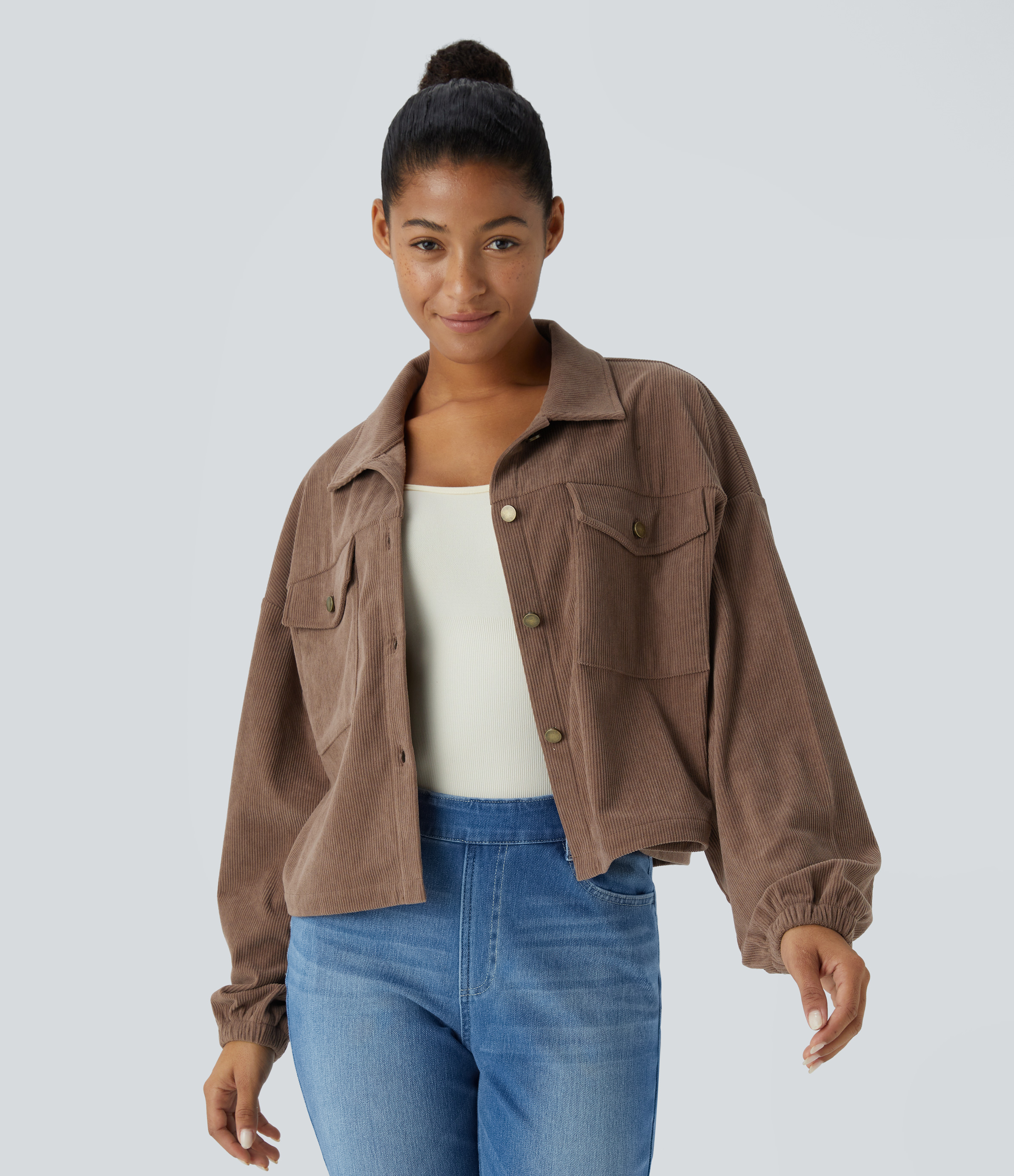 Halara Collared Button Long Sleeve Chest Pocket Casual Corduroy Jacket - Cocoa Brown - L