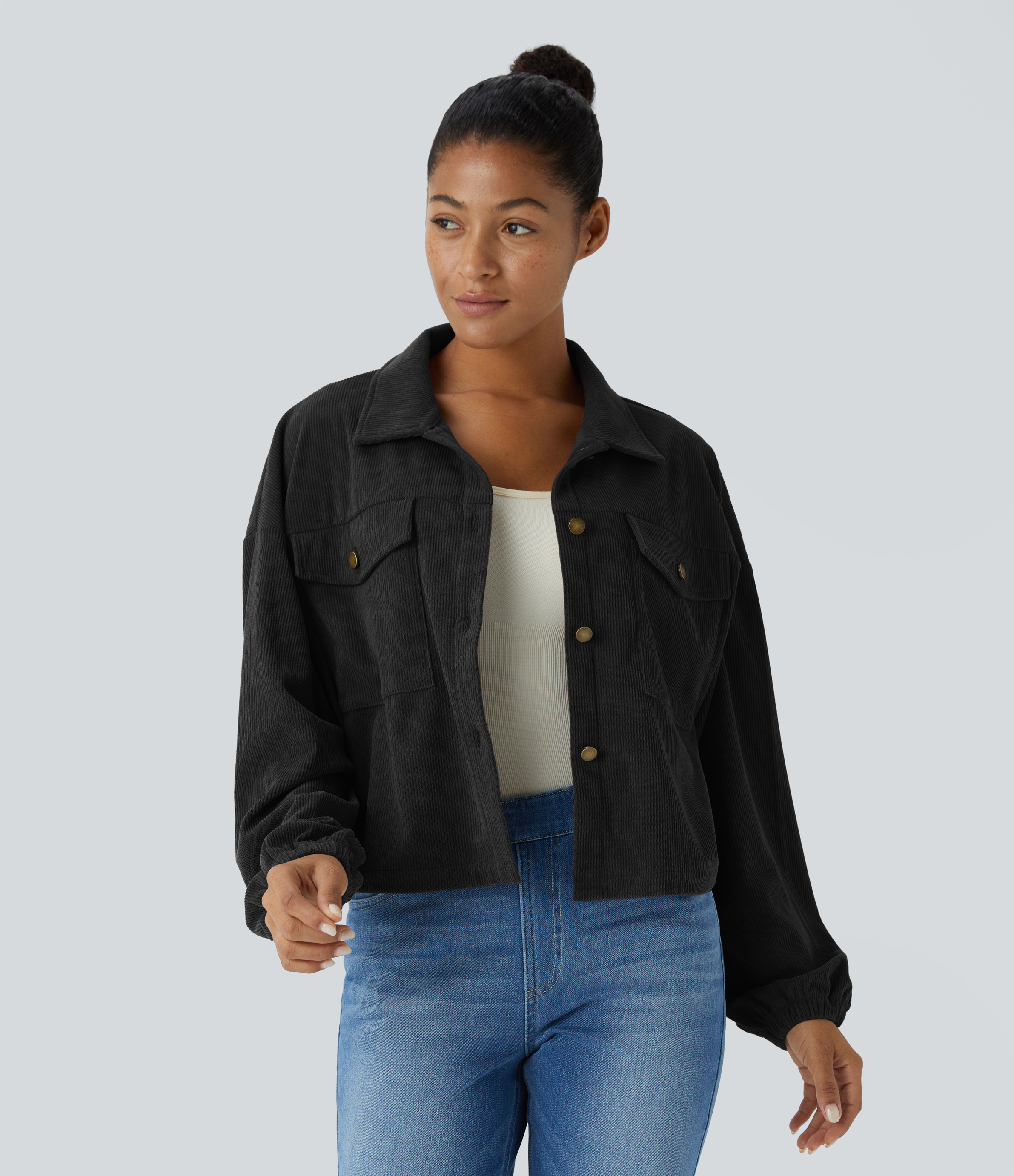 Halara Collared Button Long Sleeve Chest Pocket Casual Corduroy Jacket - Black - L