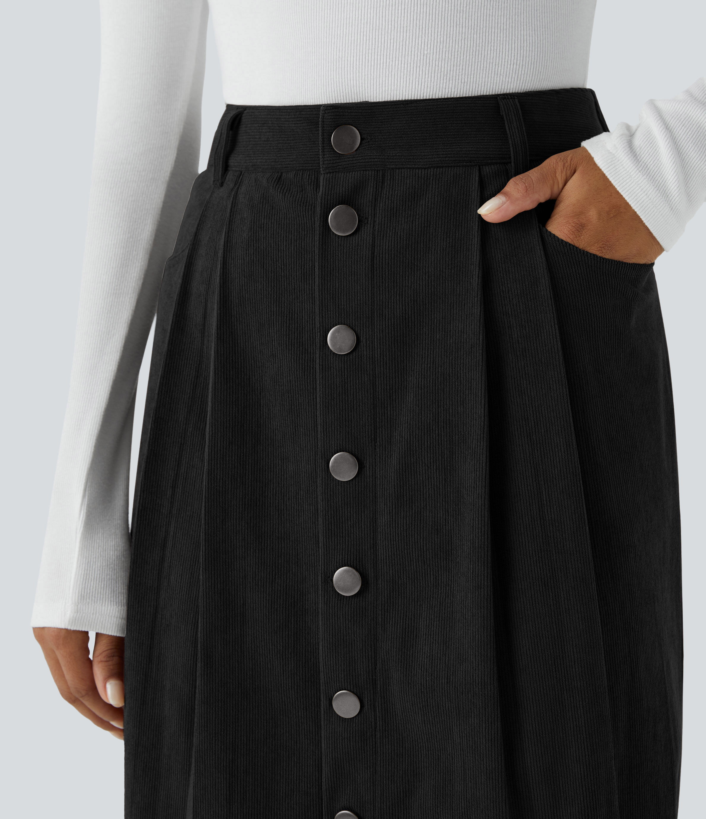 Halara High Waisted Plicated Multiple Pockets Button Front Midi Casual Corduroy Skirt  - Black - XS(regular) 