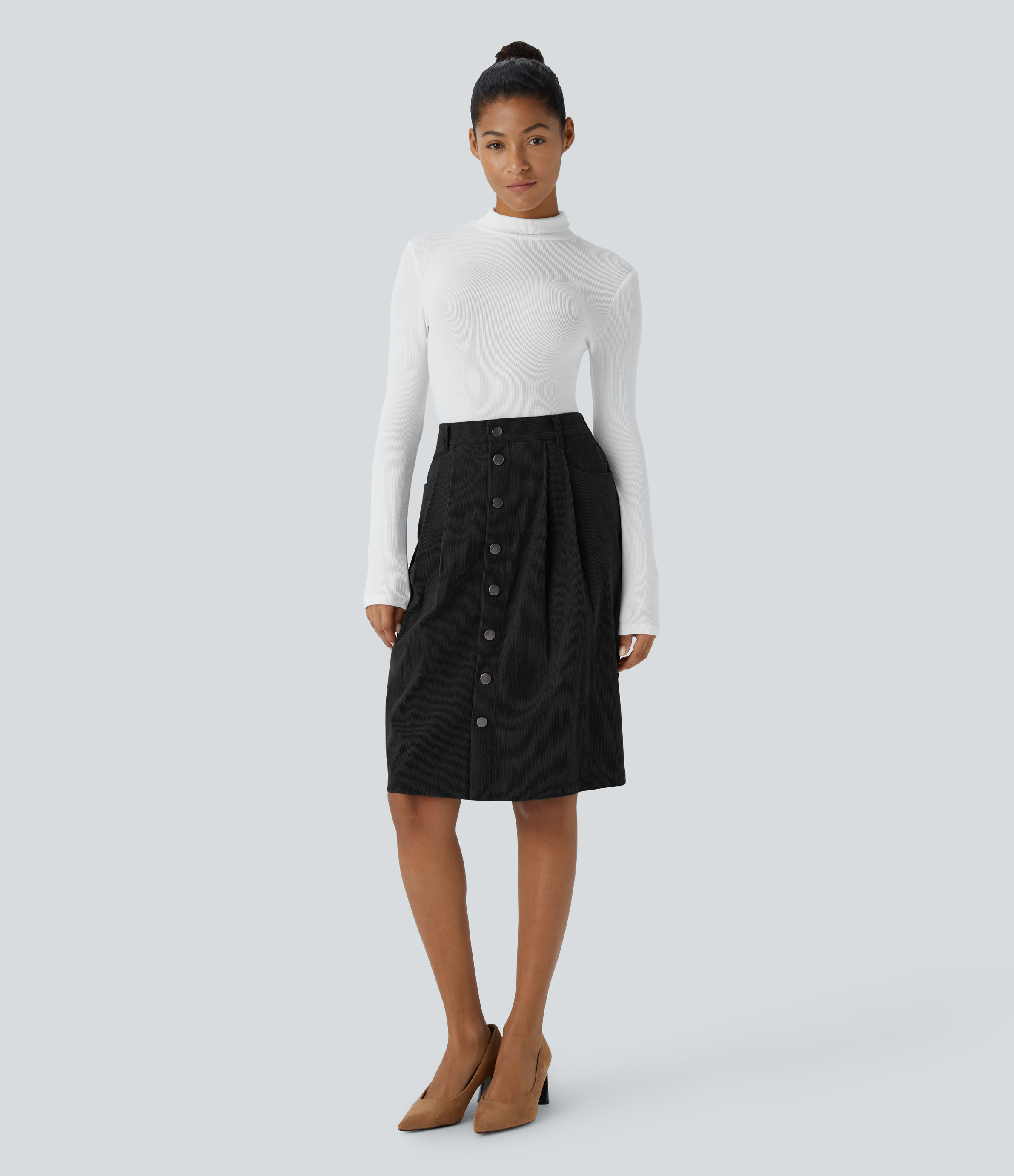 Halara High Waisted Plicated Multiple Pockets Button Front Midi Casual Corduroy Skirt  - Black - XS(regular) 