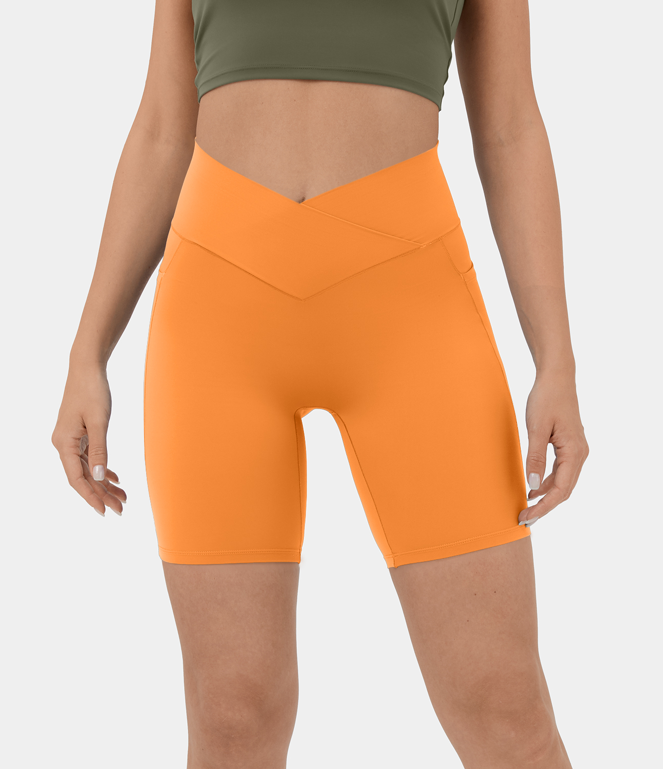 

Halara Softlyzeroв„ў High Waisted Crossover Side Pocket Yoga Biker Shorts 7"-UPF50+ - Sunshine Orange -  biker shorts women