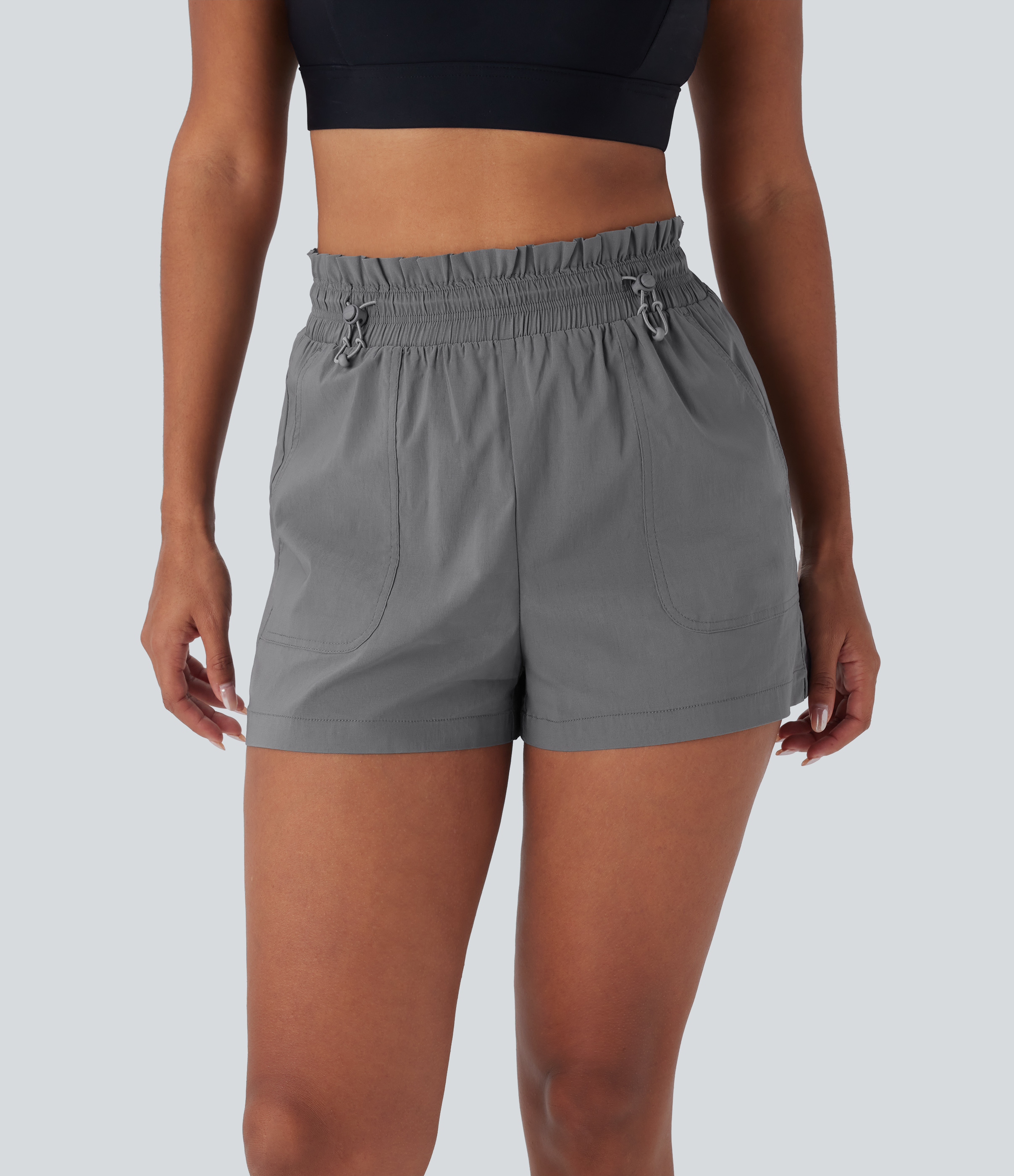 Halara High Waisted Drawstring Multiple Pockets Split Running Shorts Gym Short - Mockingbird - S booty shorts compression shorts yoga shorts 