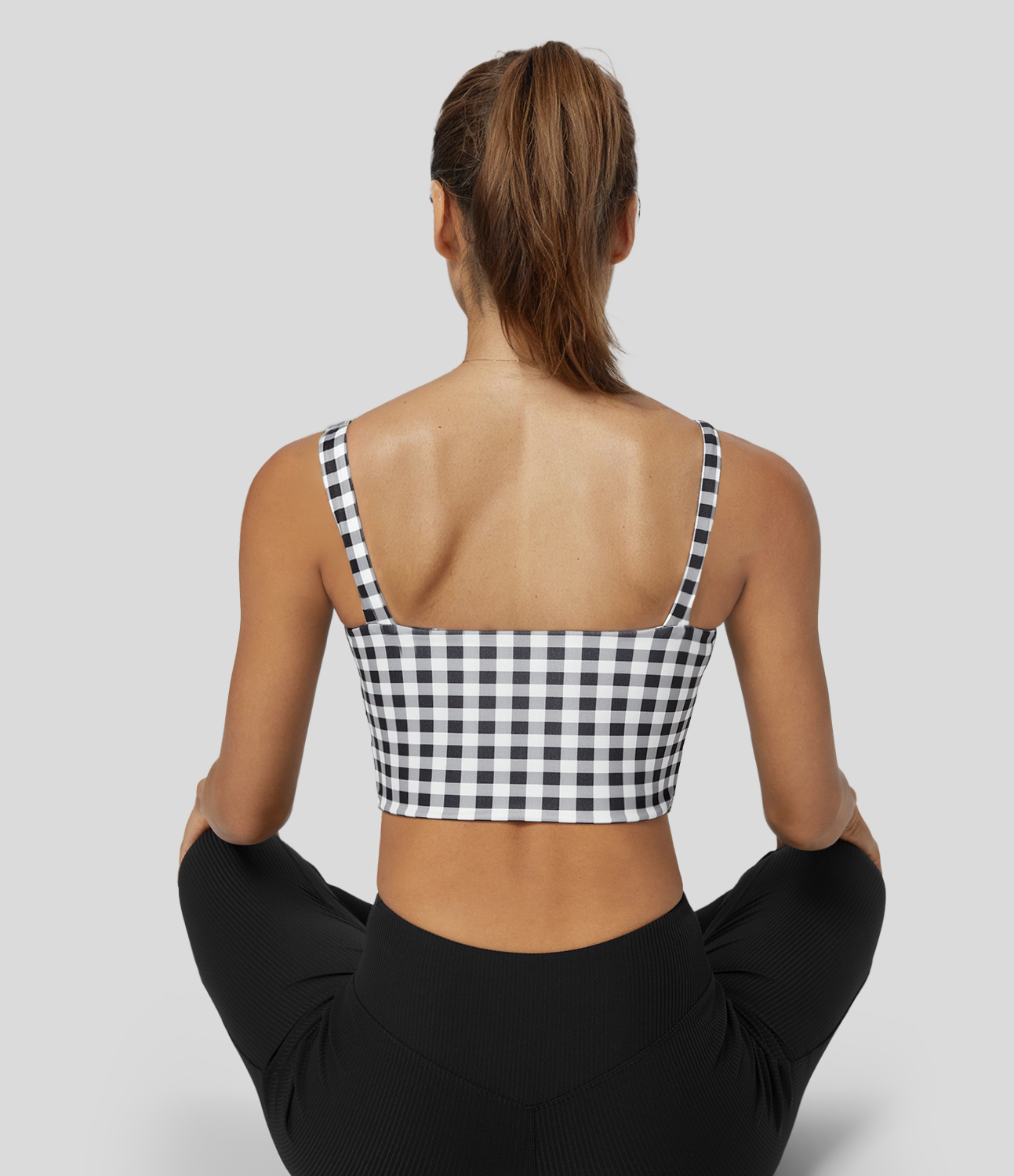 Halara Low Support Twisted Cut Out Backless Vintage Plaid Yoga Sports Bra  - White Black Plaid - XS push up bra strapless bra backless bra 