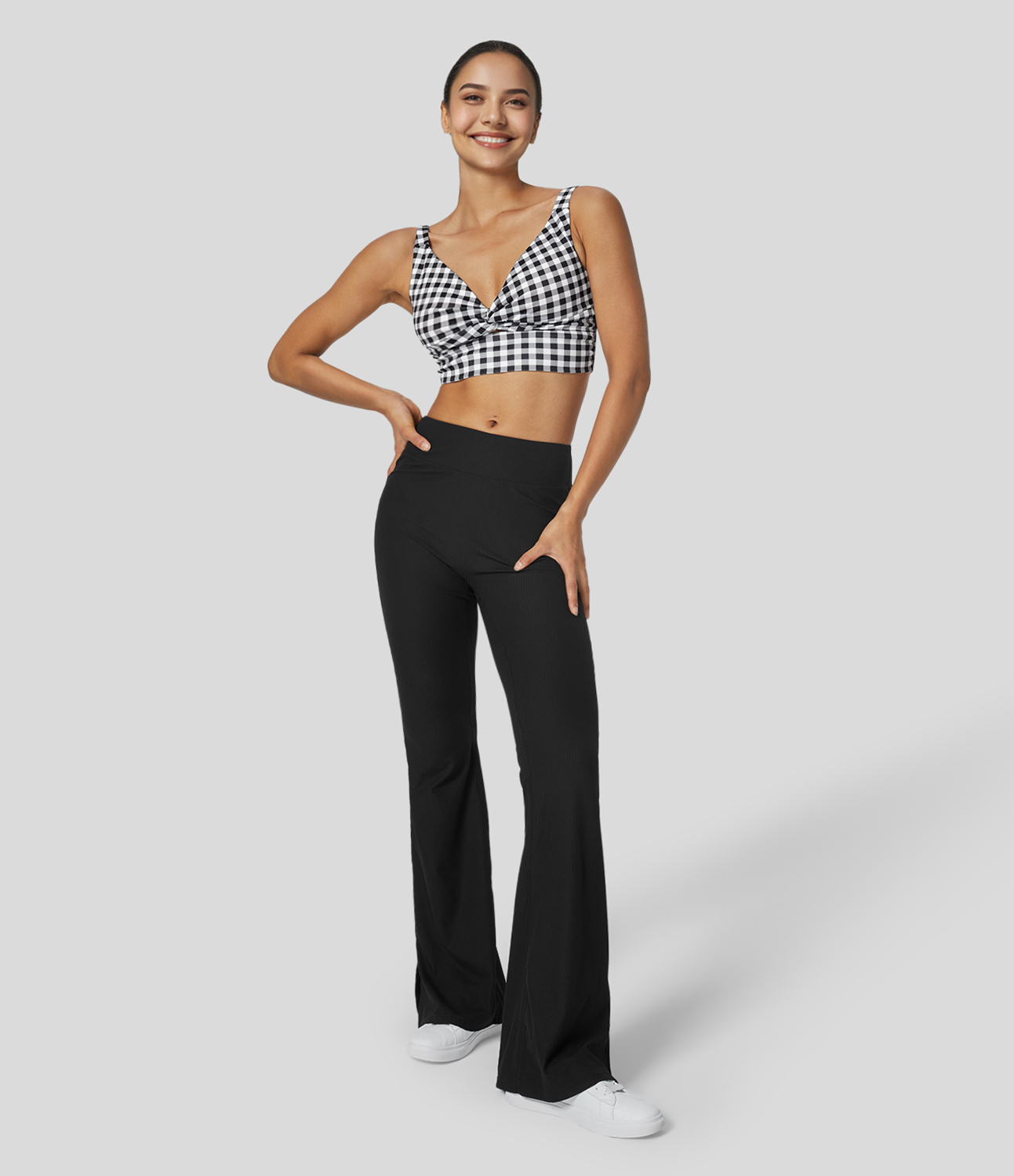 Halara Low Support Twisted Cut Out Backless Vintage Plaid Yoga Sports Bra  - White Black Plaid - XS push up bra strapless bra backless bra 