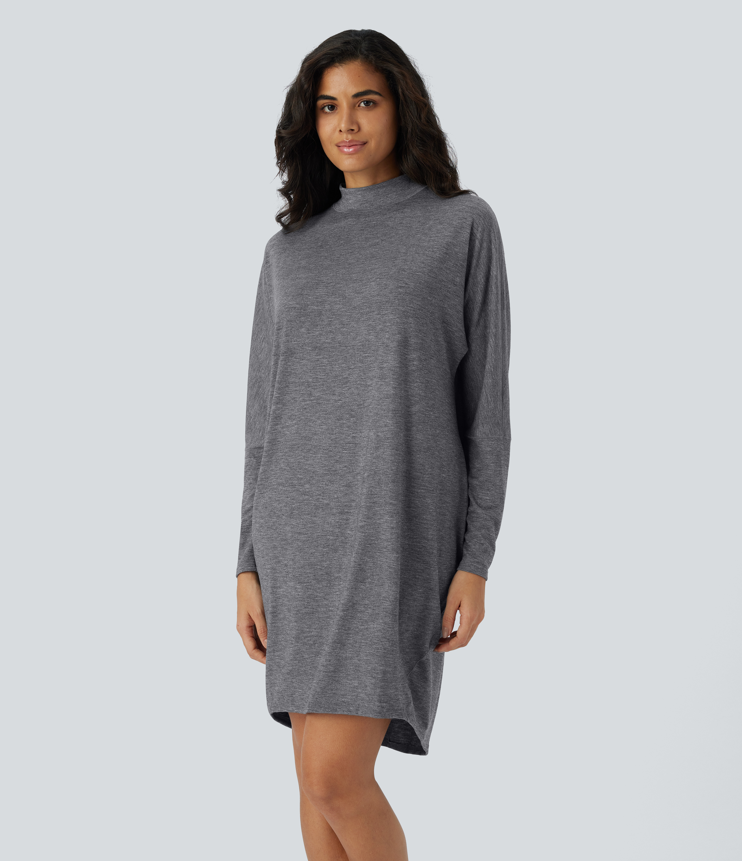 Halara Mock Neck Long Sleeve Mini Lounge Dress Casual Dress - Darl Gray Floral Yarn - M slip dress beach dress ruched dress halter dress 