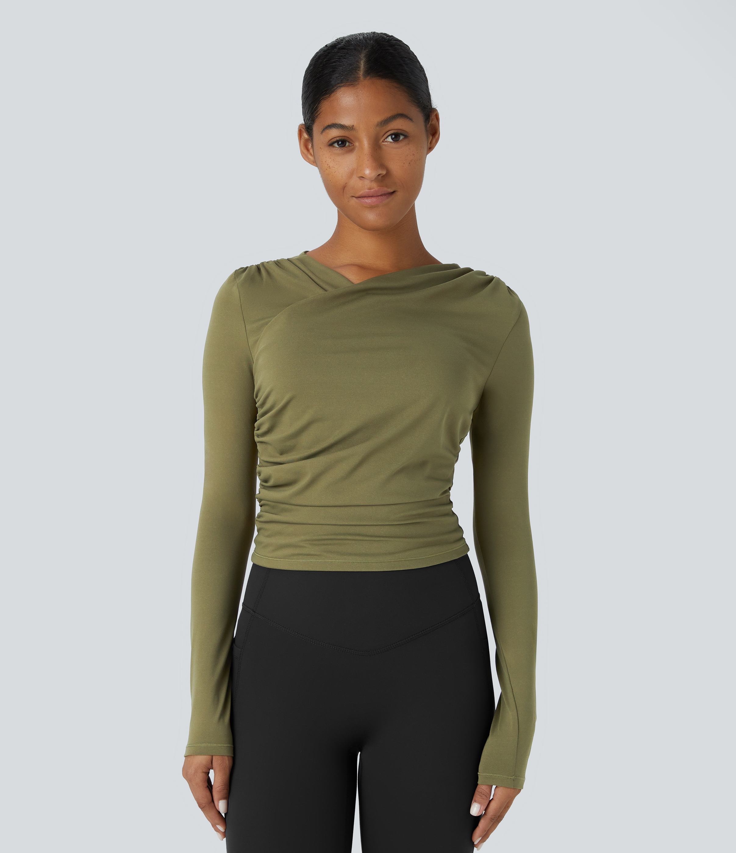 Halara Crossover V Neck Ruched Slim Casual Sports Top  - Capulet Olive - L 