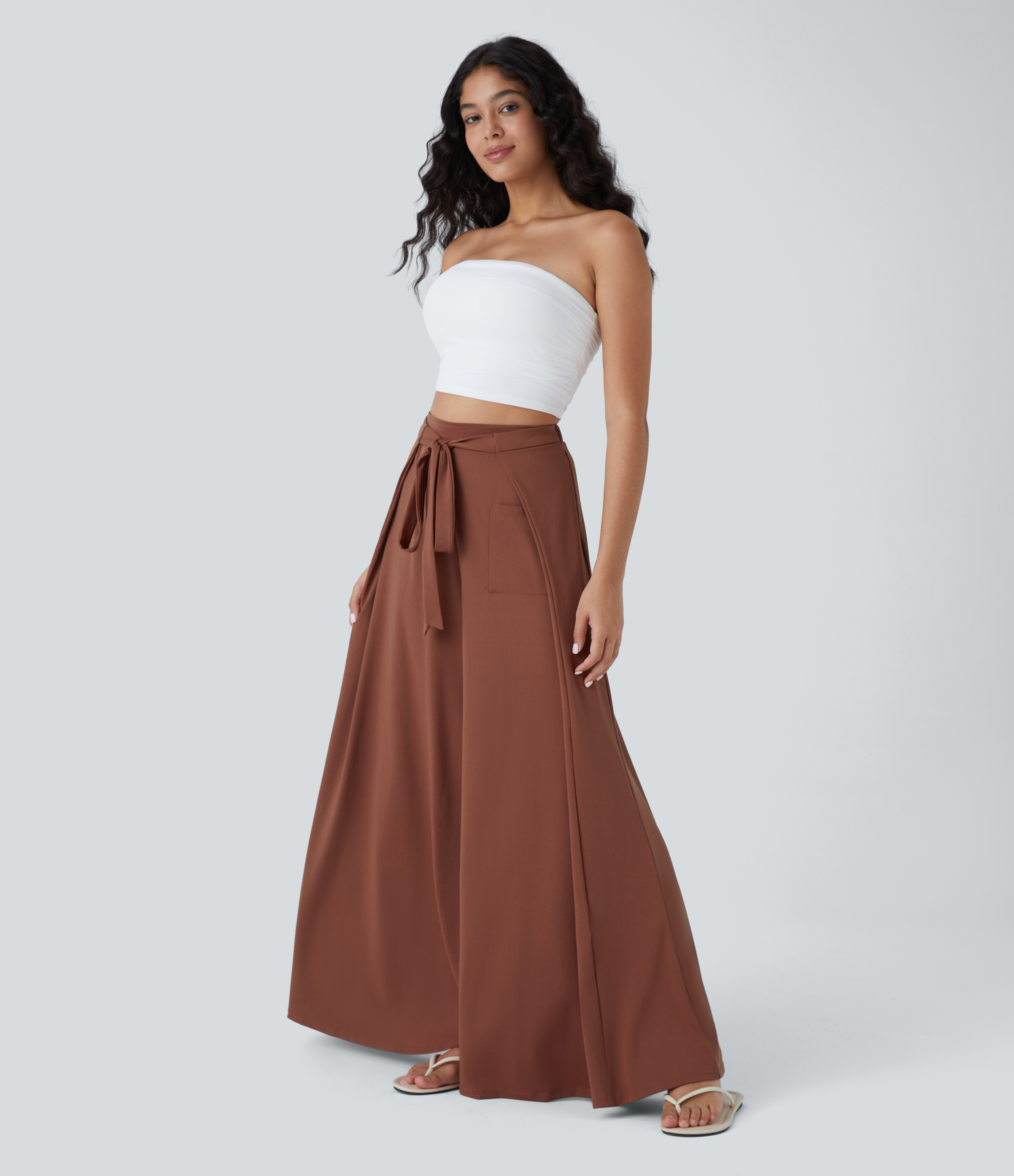 Halara High Waisted Tie Front Side Pocket Flowy Wide Leg Casual Pants  - Maple Syrup - S(regular) 