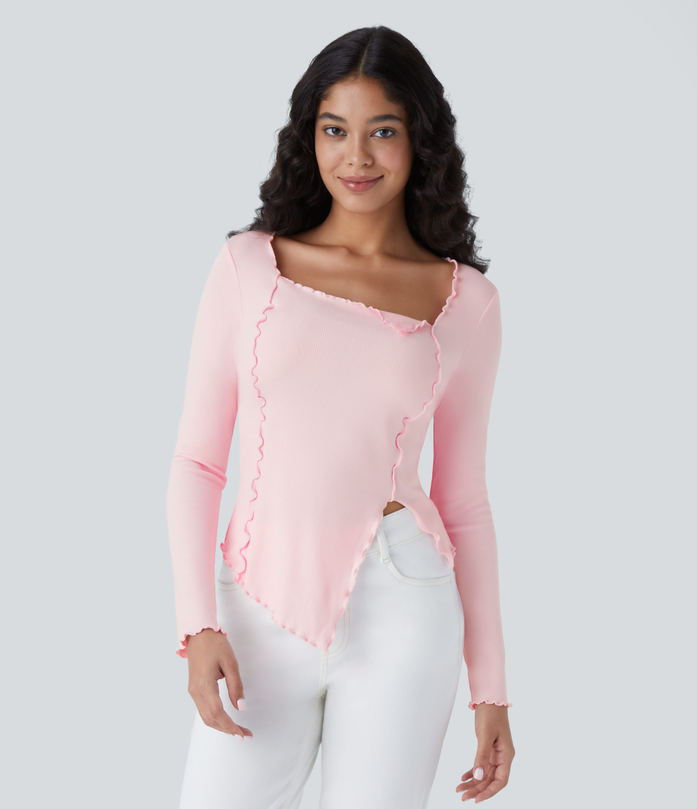 Halara Ribbed Knit Square Neck Lettuce Trim Asymmetrical Hem Slim Casual Top  - Rose Haze Pink - M 