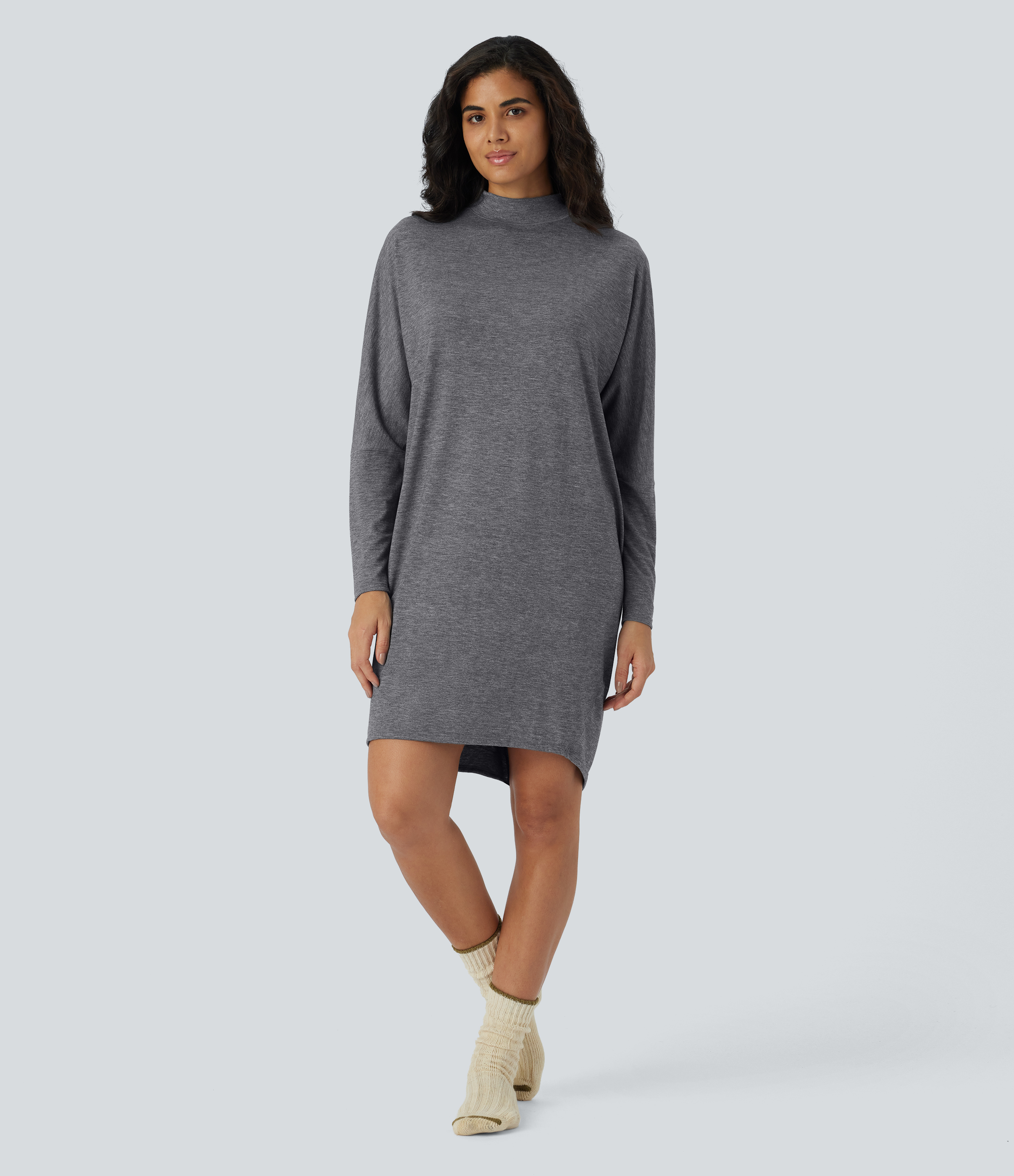 Halara Mock Neck Long Sleeve Mini Lounge Dress Casual Dress - Darl Gray Floral Yarn - M slip dress beach dress ruched dress halter dress 