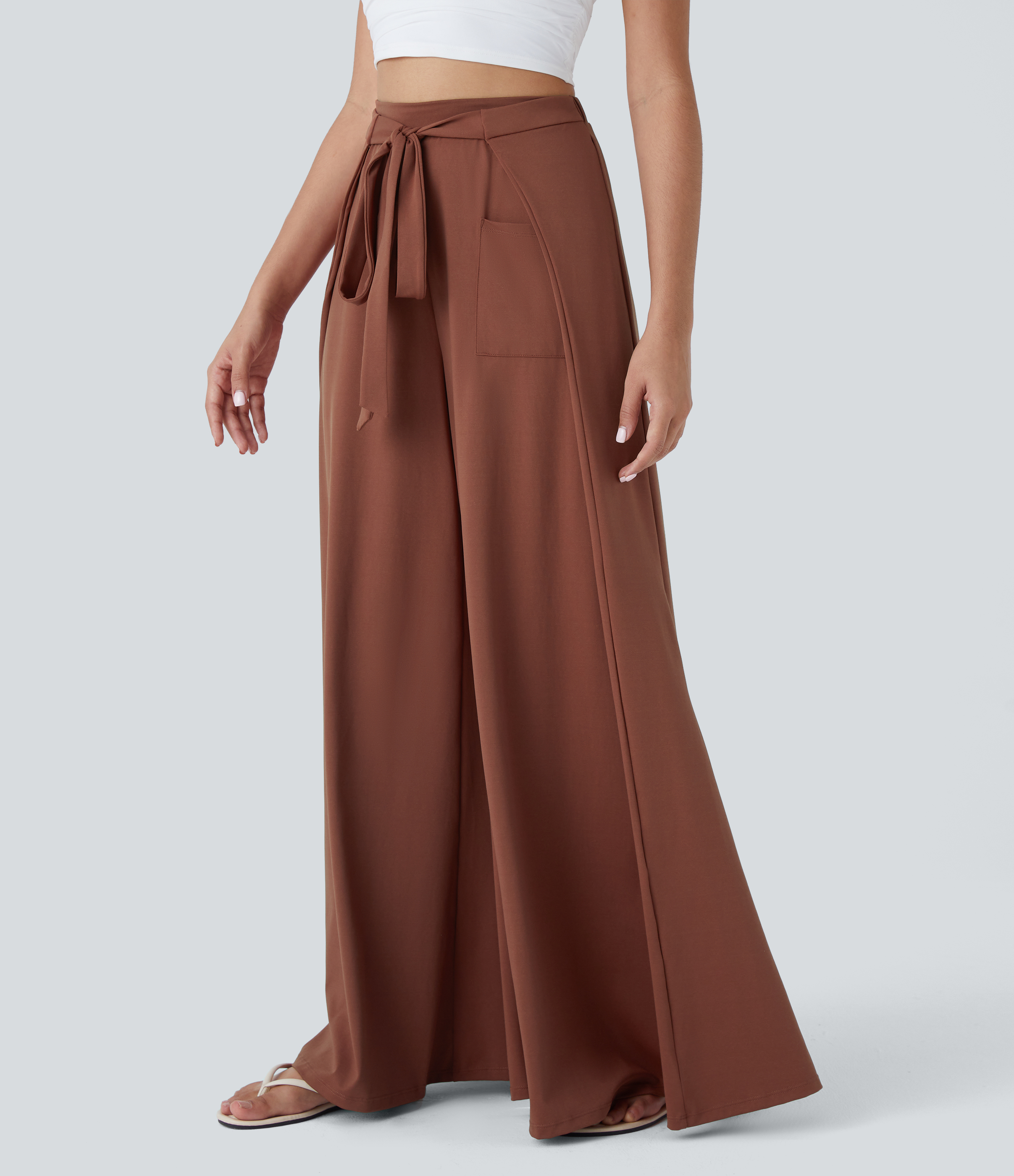 Halara High Waisted Tie Front Side Pocket Flowy Wide Leg Casual Pants  - Maple Syrup - S(regular) 