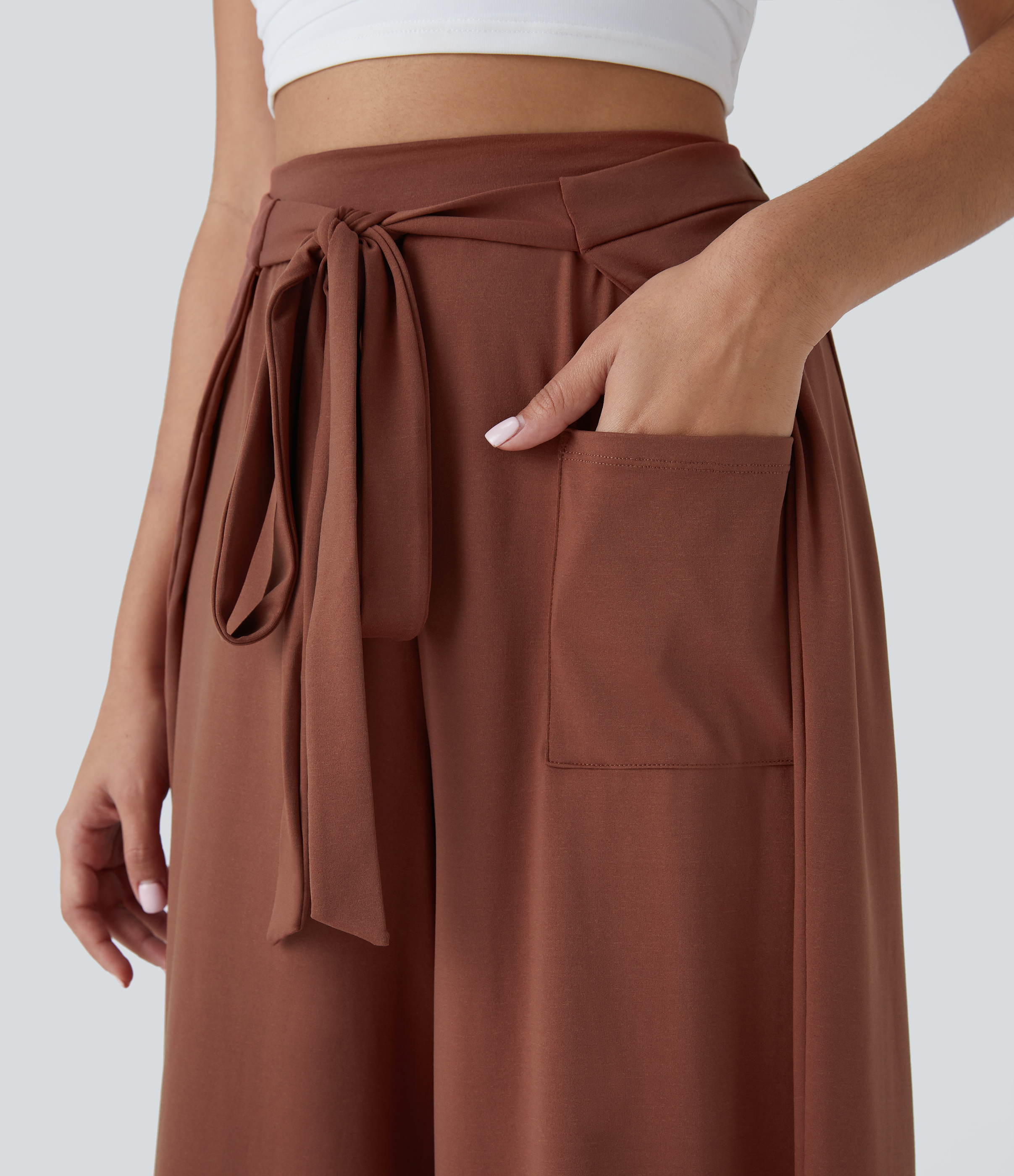 Halara High Waisted Tie Front Side Pocket Flowy Wide Leg Casual Pants  - Maple Syrup - S(regular) 