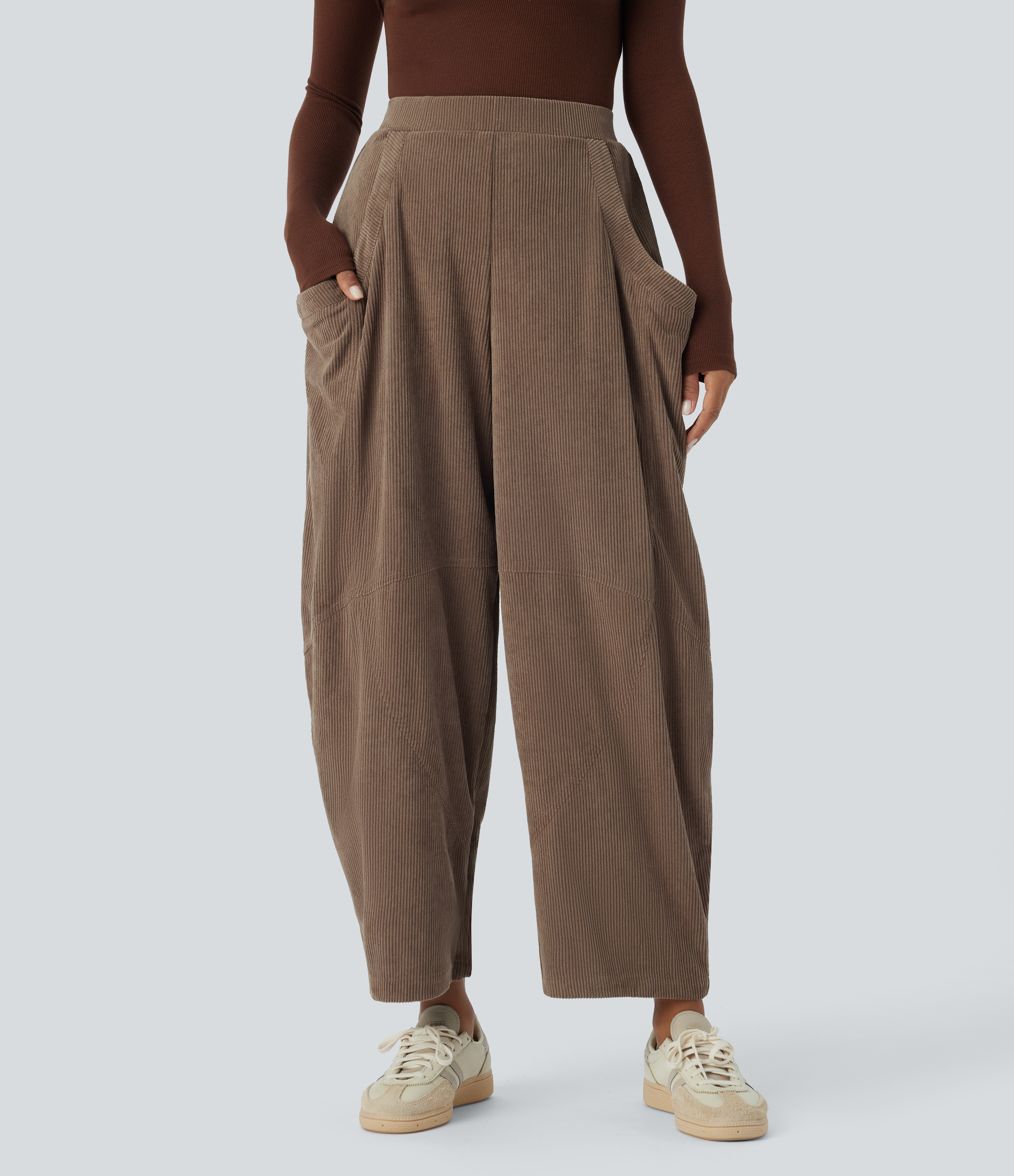 Halara High Waisted Side Pocket Corduroy Casual Wide Leg Pants  - Cocoa Brown - XL(regular) sweatpants jogger pants stacked sweatpants 