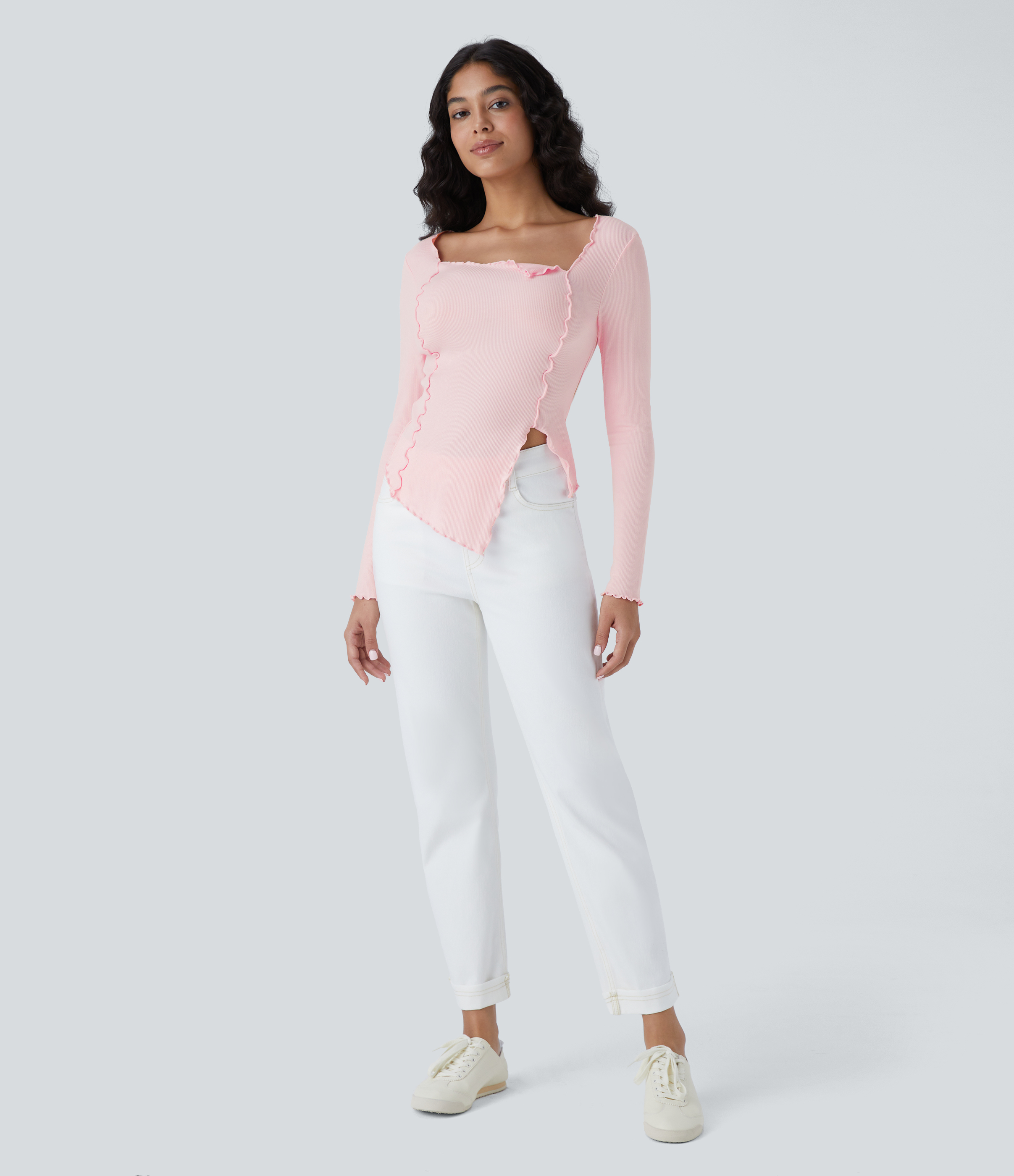 Halara Ribbed Knit Square Neck Lettuce Trim Asymmetrical Hem Slim Casual Top  - Rose Haze Pink - M 