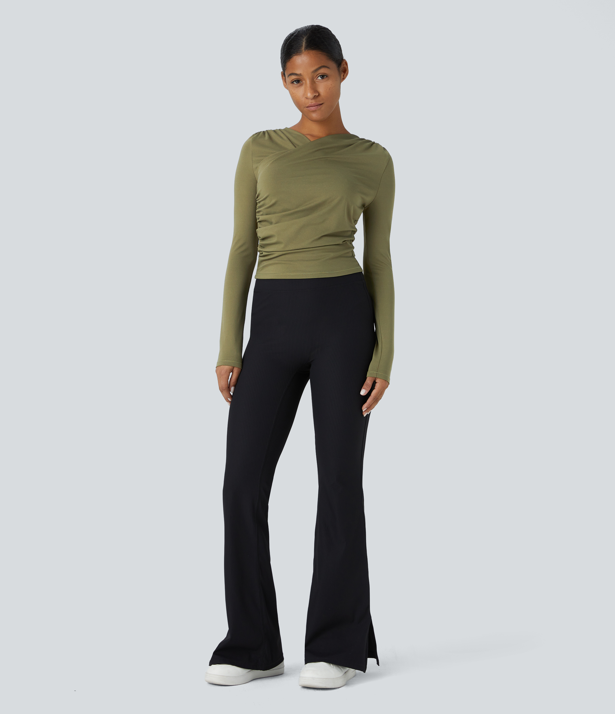 Halara Crossover V Neck Ruched Slim Casual Sports Top  - Capulet Olive - L 
