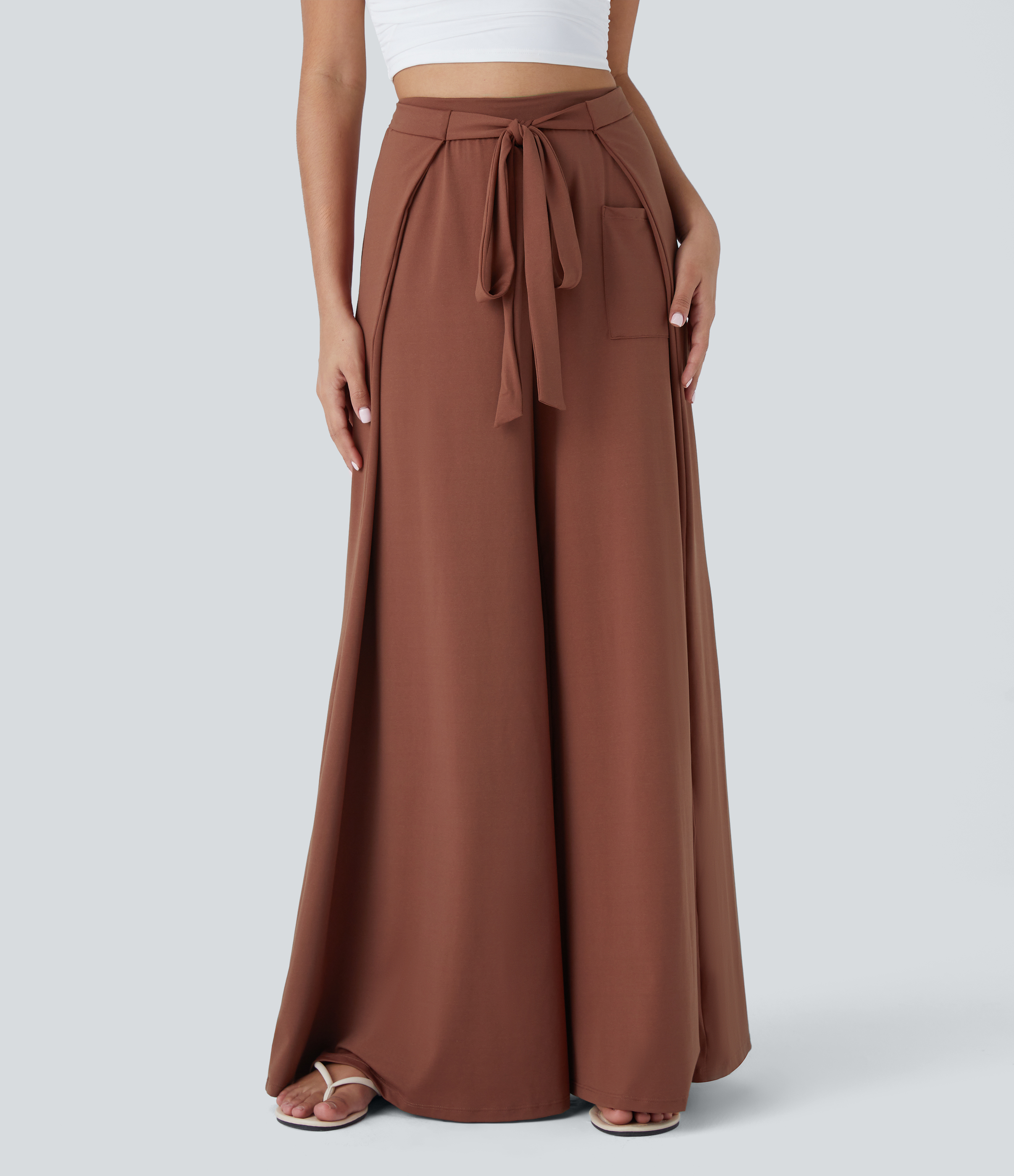 Halara High Waisted Tie Front Side Pocket Flowy Wide Leg Casual Pants  - Maple Syrup - S(regular) 